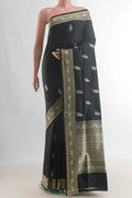 Pure Silk Black Banarasi Katan Saree with Thread Butta on the body and Thread Border.  displayed on a mannequin