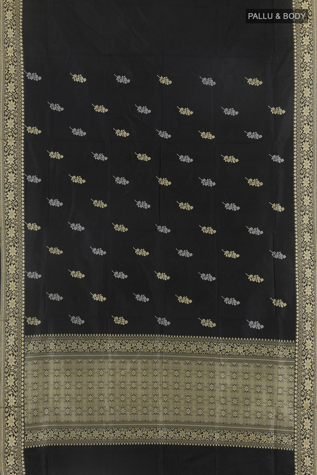 Flat view of Pure Silk Black Banarasi Katan Saree with Thread Butta on the body and Thread Border. 
