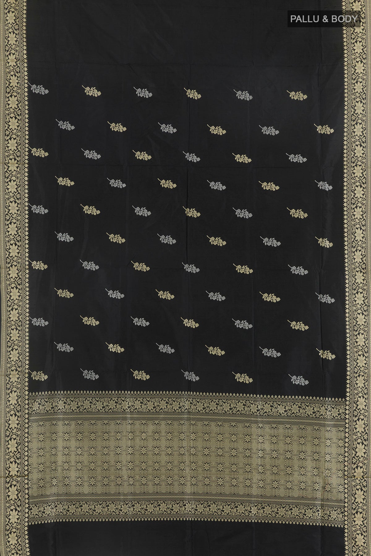 Flat view of Pure Silk Black Banarasi Katan Saree with Thread Butta on the body and Thread Border. 