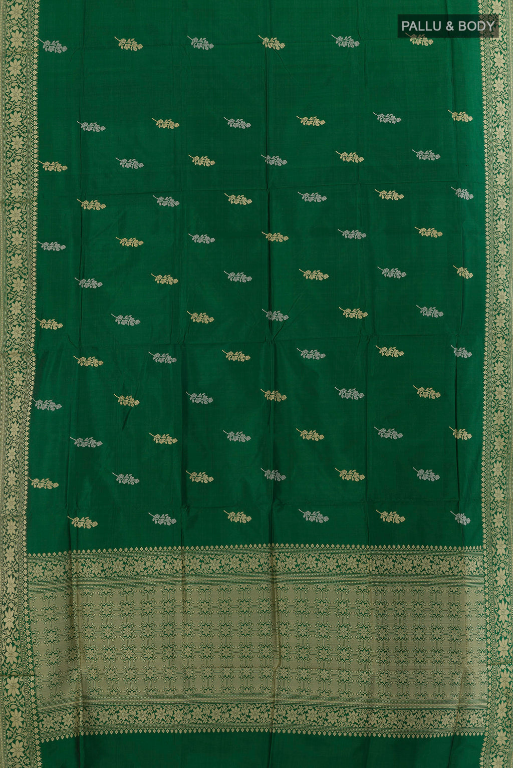 Flat view of Pure Silk Green Banarasi Katan Saree with Zari Butta on the body and Zari Border. 