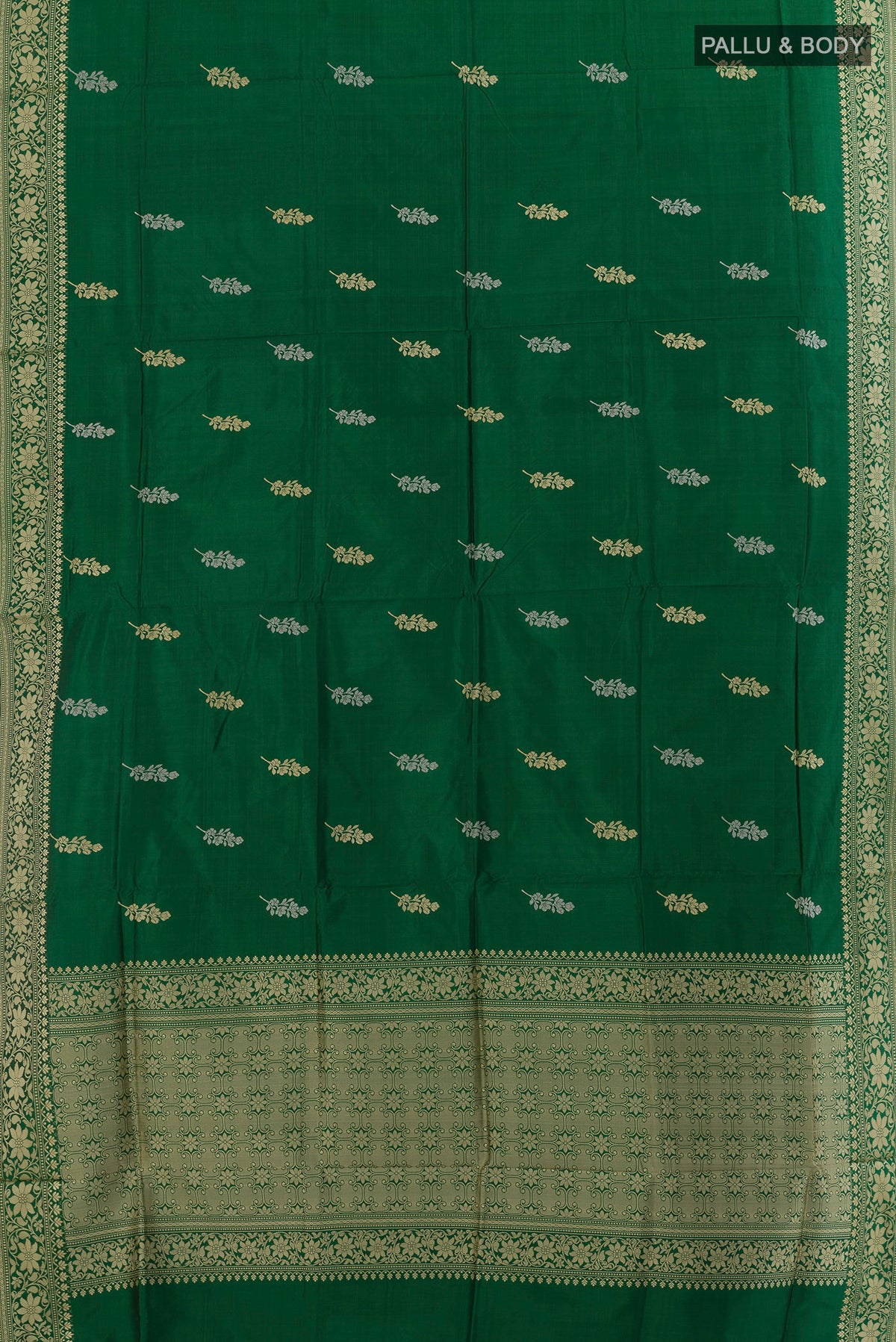 Flat view of Pure Silk Green Banarasi Katan Saree with Zari Butta on the body and Zari Border. 