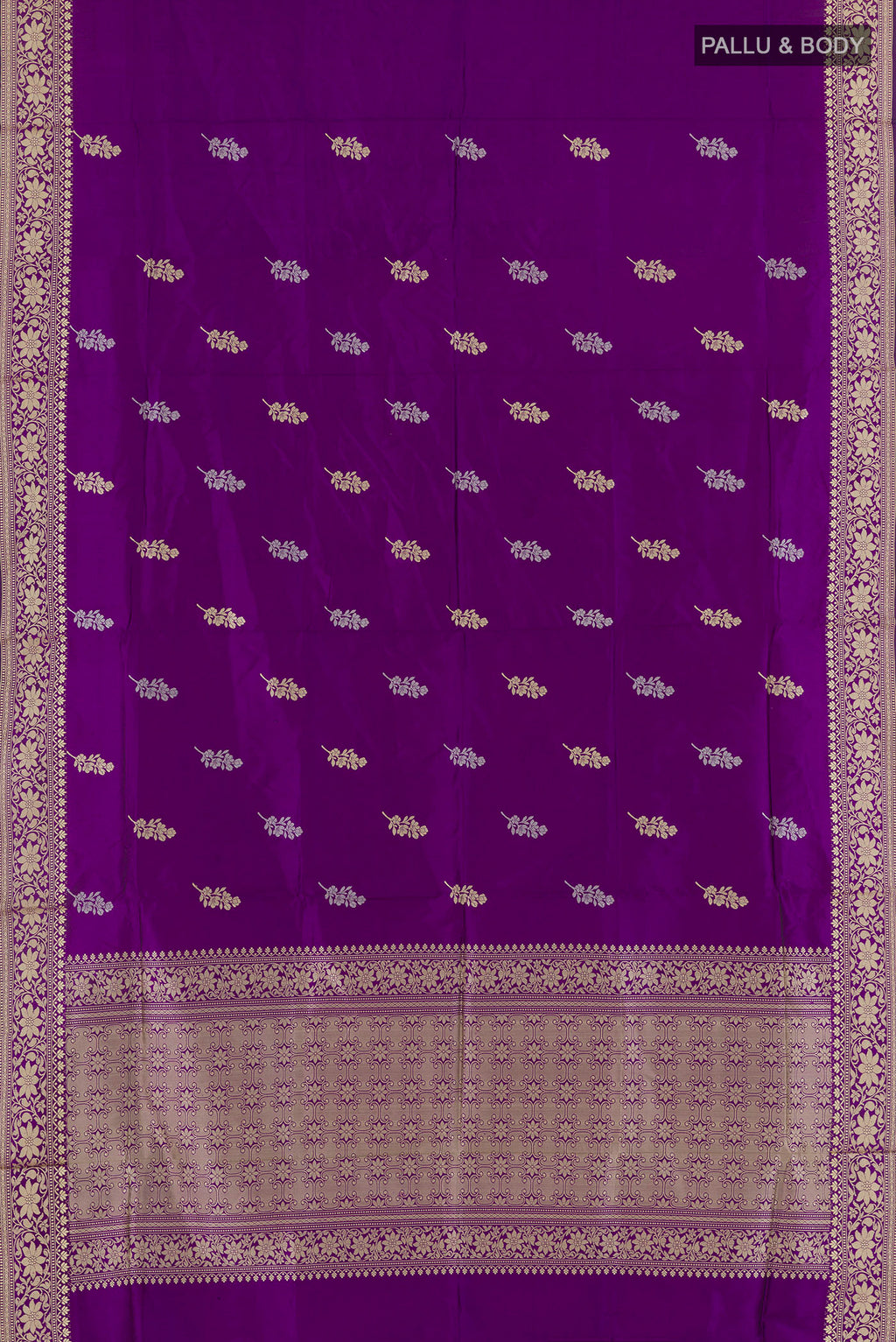 Flat view of Pure Silk Purple Banarasi Katan Saree with Thread Butta on the body and Thread Border. 