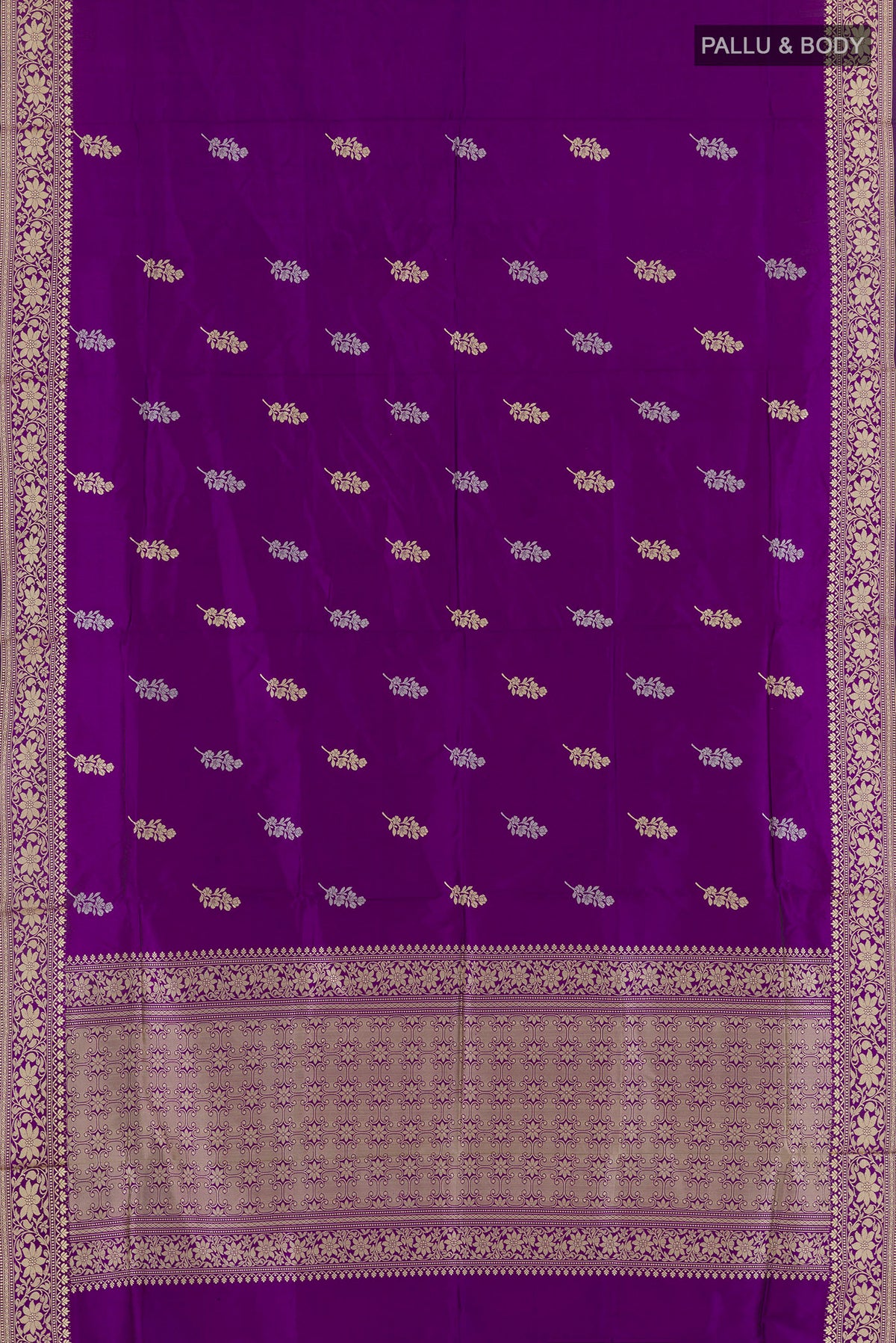 Flat view of Pure Silk Purple Banarasi Katan Saree with Thread Butta on the body and Thread Border. 