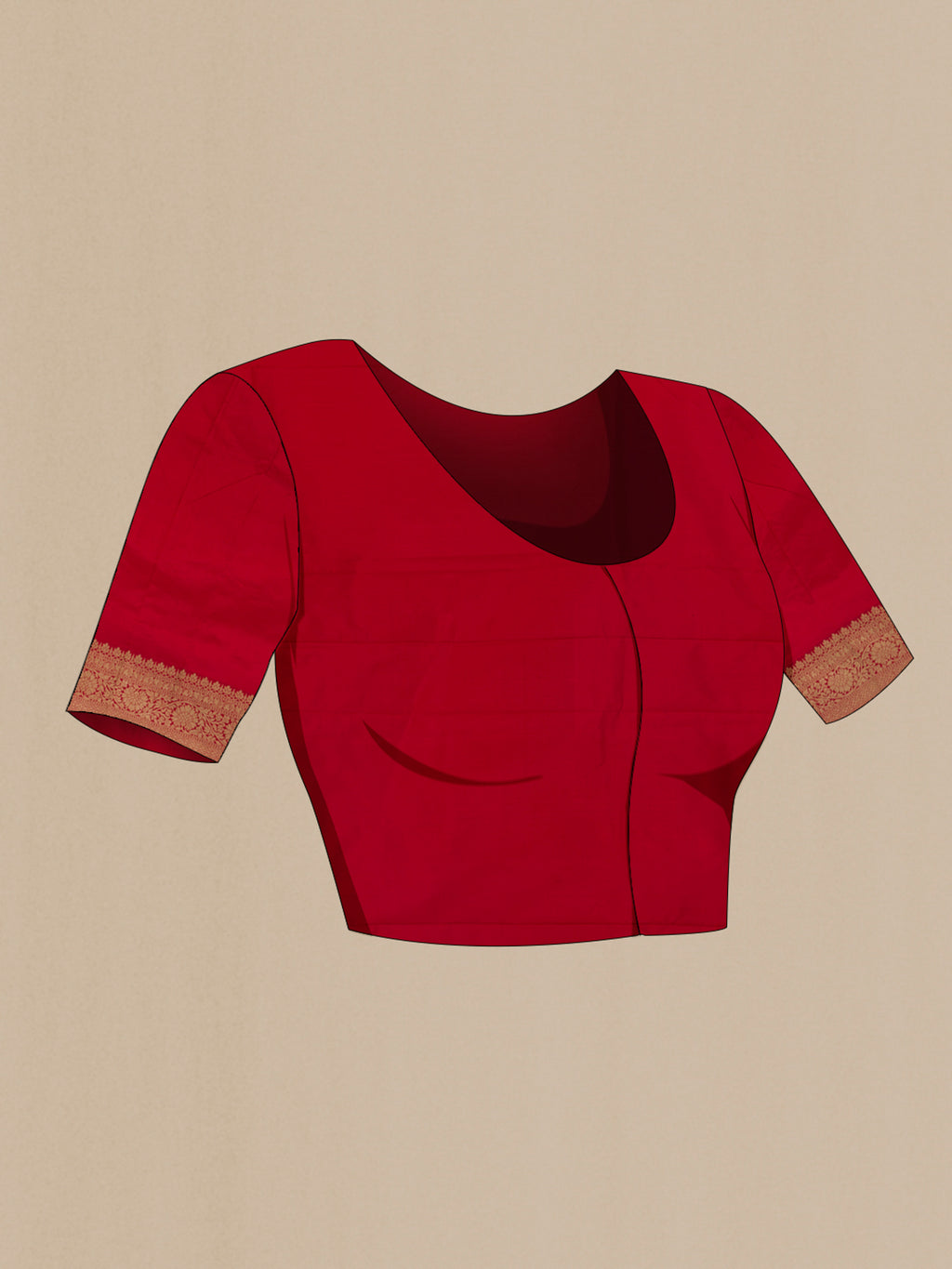 Close up image of the blouse of Pure Silk Sandal Banarasi Katan Saree with Zari Butta on the body and Zari Border. 