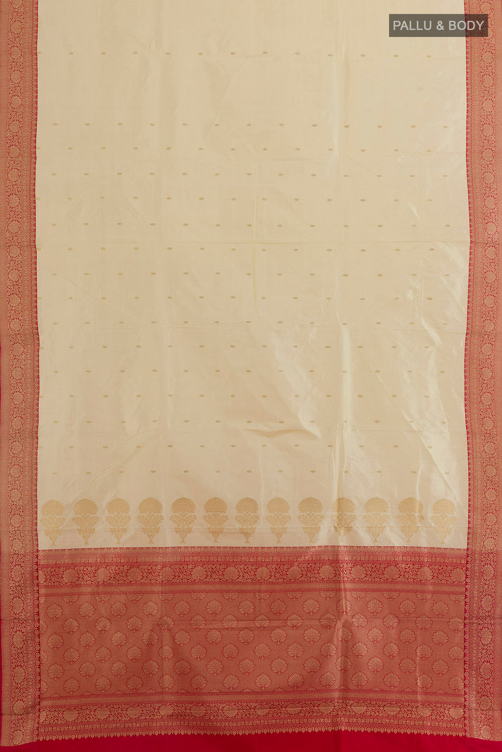 Flat view of Pure Silk Sandal Banarasi Katan Saree with Zari Butta on the body and Zari Border. 