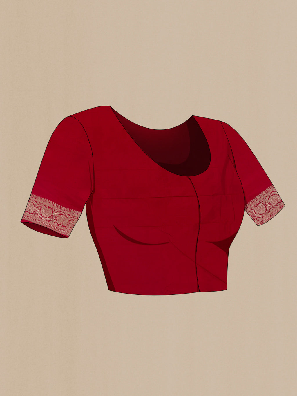 Close up image of the blouse of Pure Silk Cream Banarasi Katan Saree with Zari Butta on the body and Zari Border. 