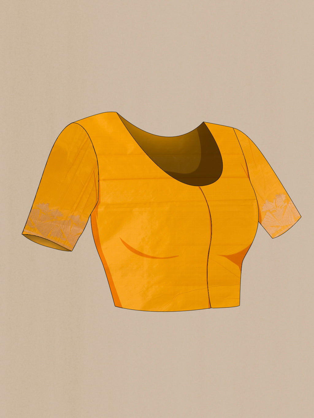 Close up image of the blouse of Pure Silk Yellow Banarasi Katan Saree with Zari Butta on the body and Zari Border. 