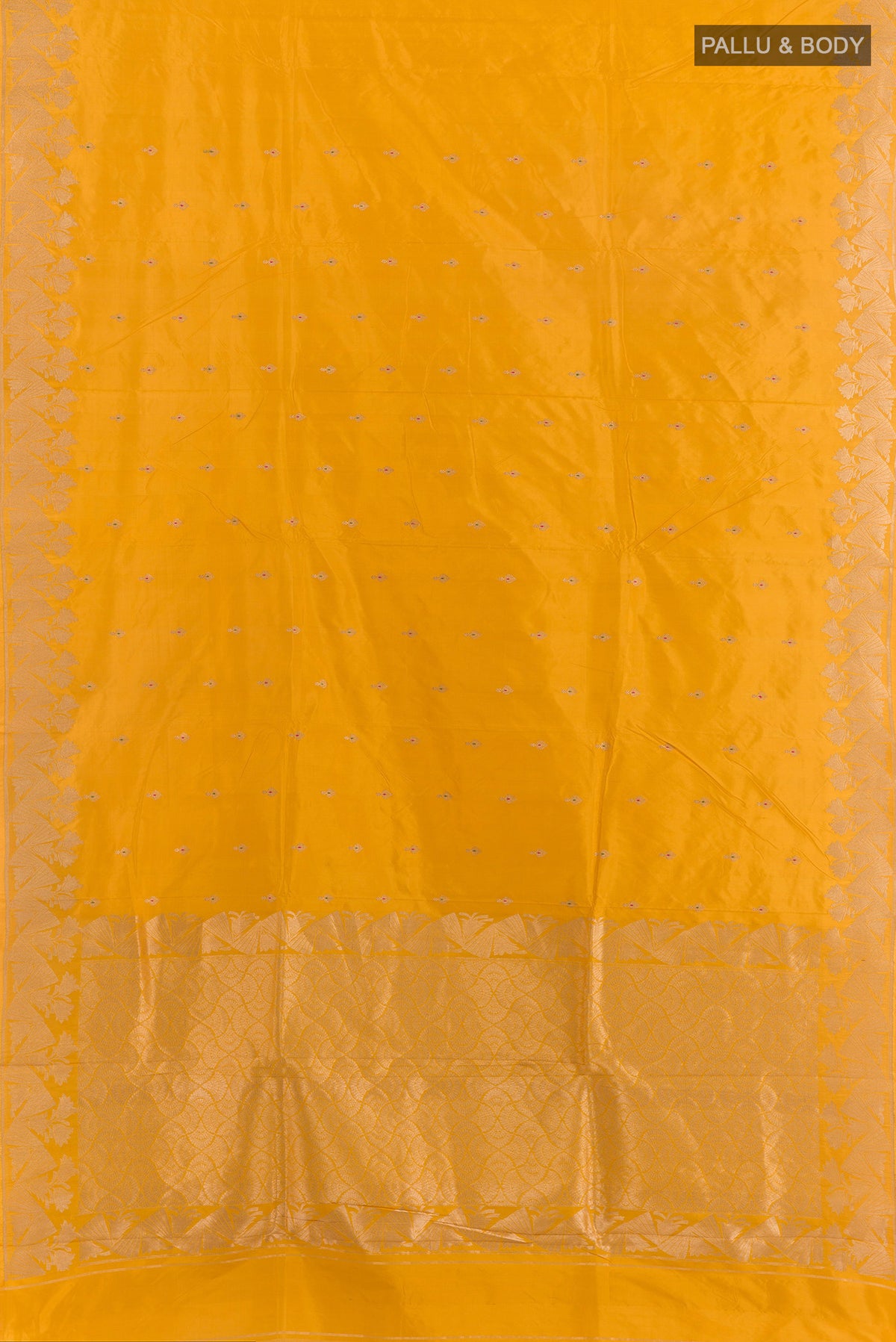 Flat view of Pure Silk Yellow Banarasi Katan Saree with Zari Butta on the body and Zari Border. 