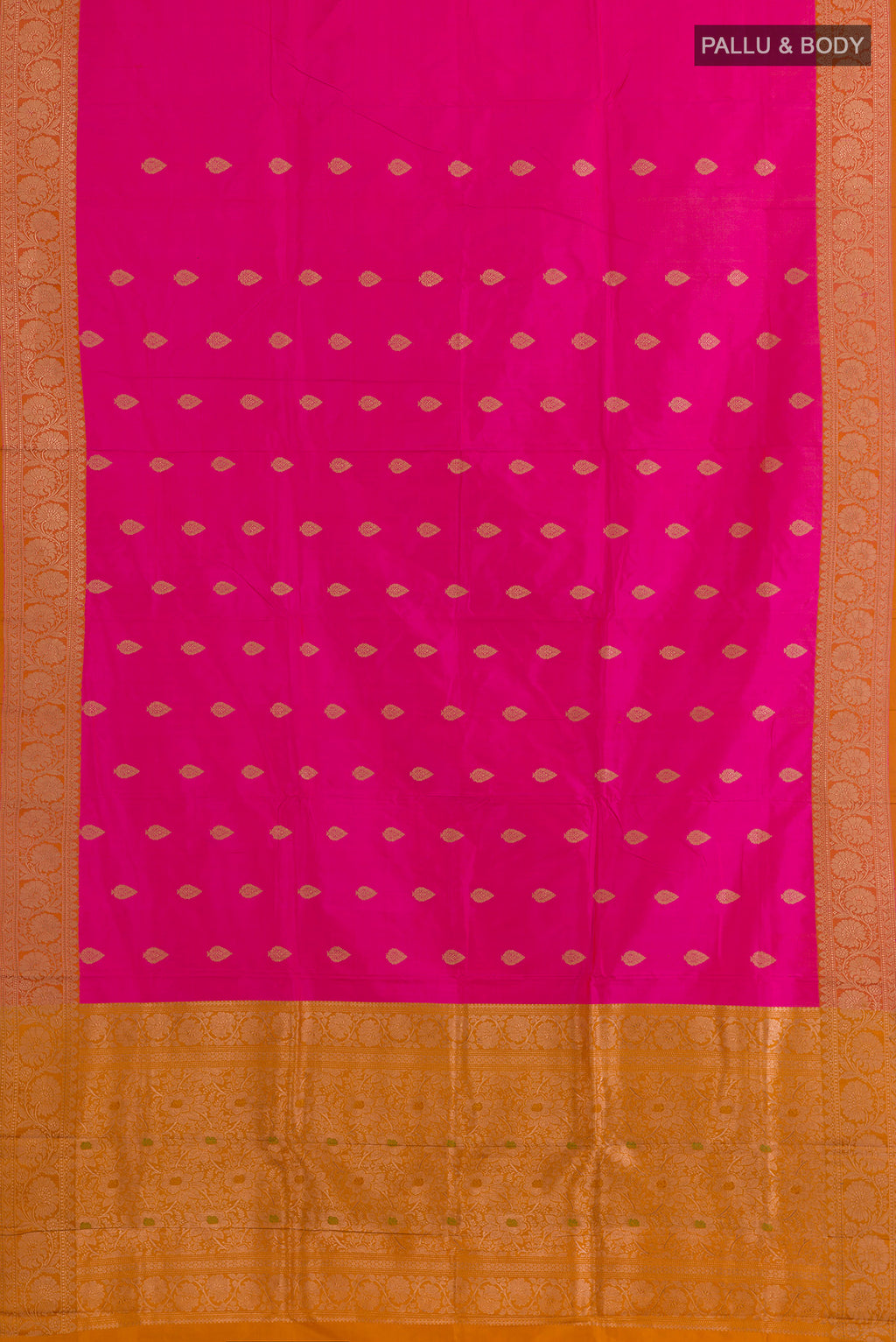 Flat view of Pure Silk Pink Banarasi Katan Saree with Zari Butta on the body and Zari Border. 