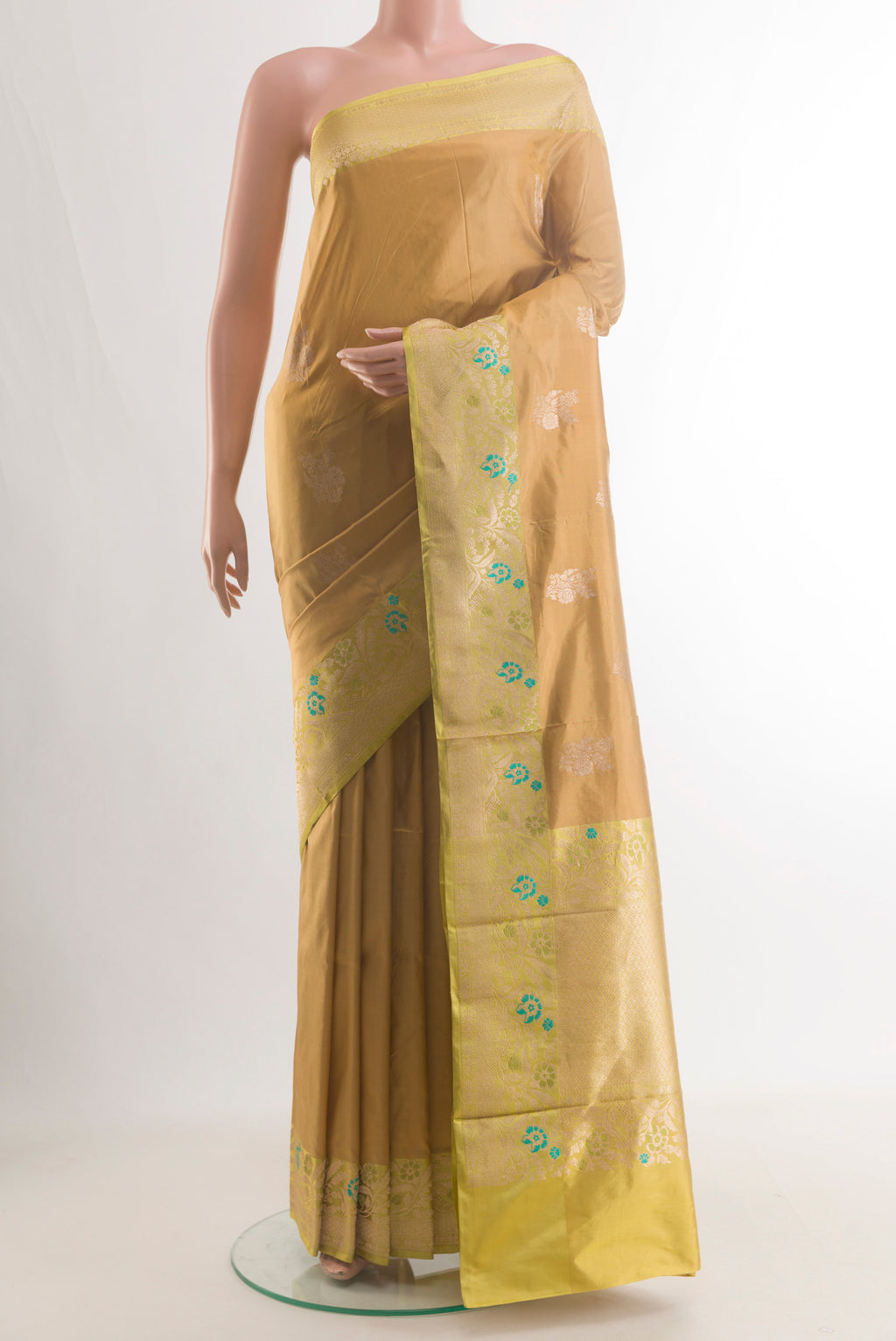 Pure Silk Gold Banarasi Katan Saree with Zari Butta on the body and Zari Border.  displayed on a mannequin