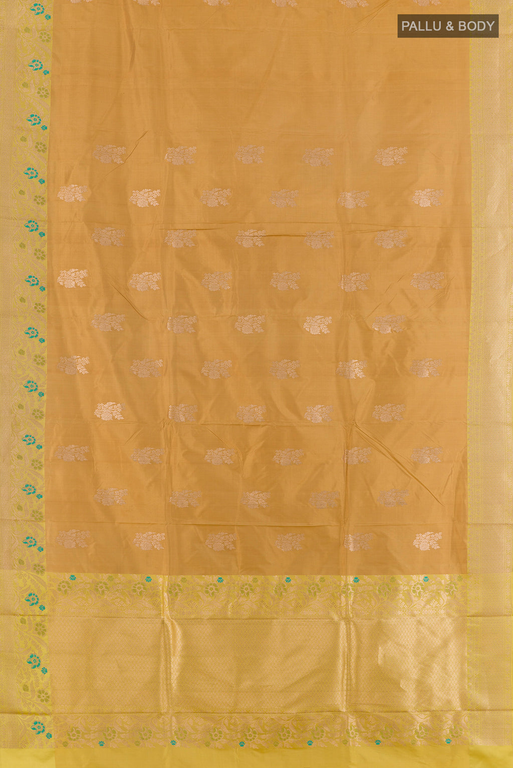 Flat view of Pure Silk Gold Banarasi Katan Saree with Zari Butta on the body and Zari Border. 