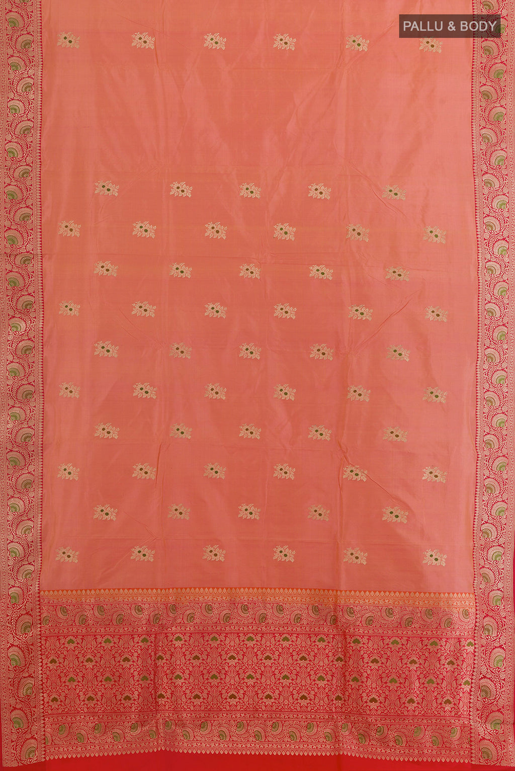 Flat view of Pure Silk Peach Banarasi Katan Saree with Zari Butta on the body and Zari Border. 