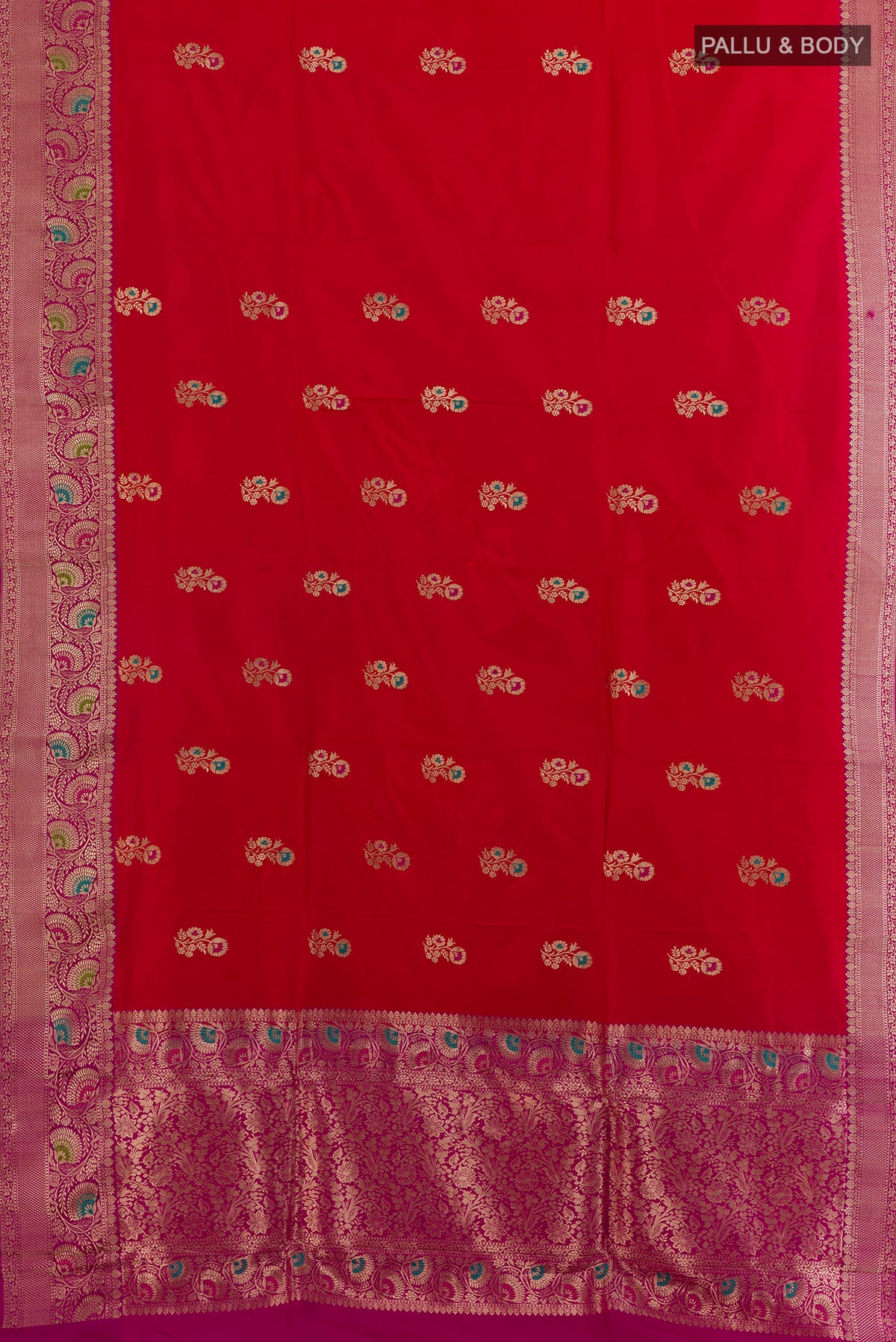 Flat view of Pure Silk Red Banarasi Katan Saree with Zari Butta on the body and Zari Border. 