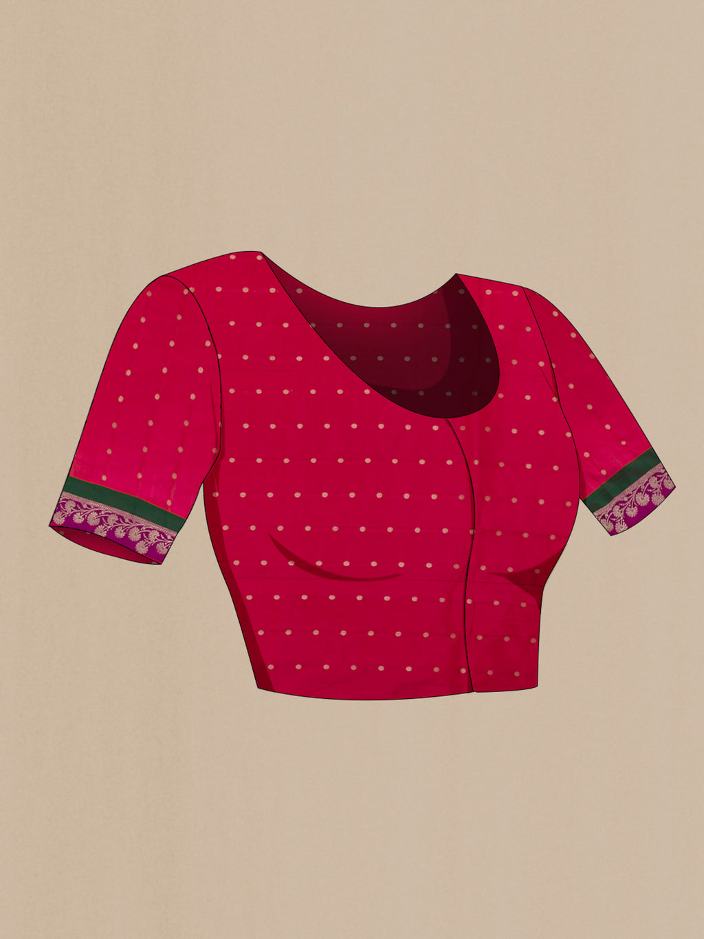Close up image of the blouse of Pure Silk Red Banarasi Katan Saree with Plain Body and Zari Border. 