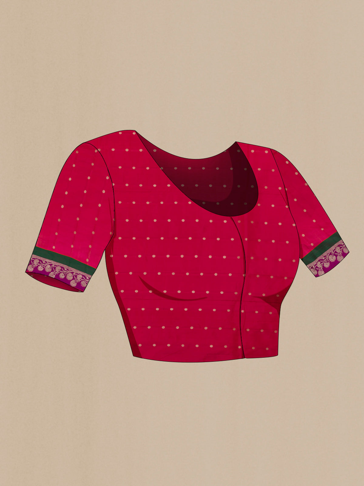 Close up image of the blouse of Pure Silk Red Banarasi Katan Saree with Plain Body and Zari Border. 