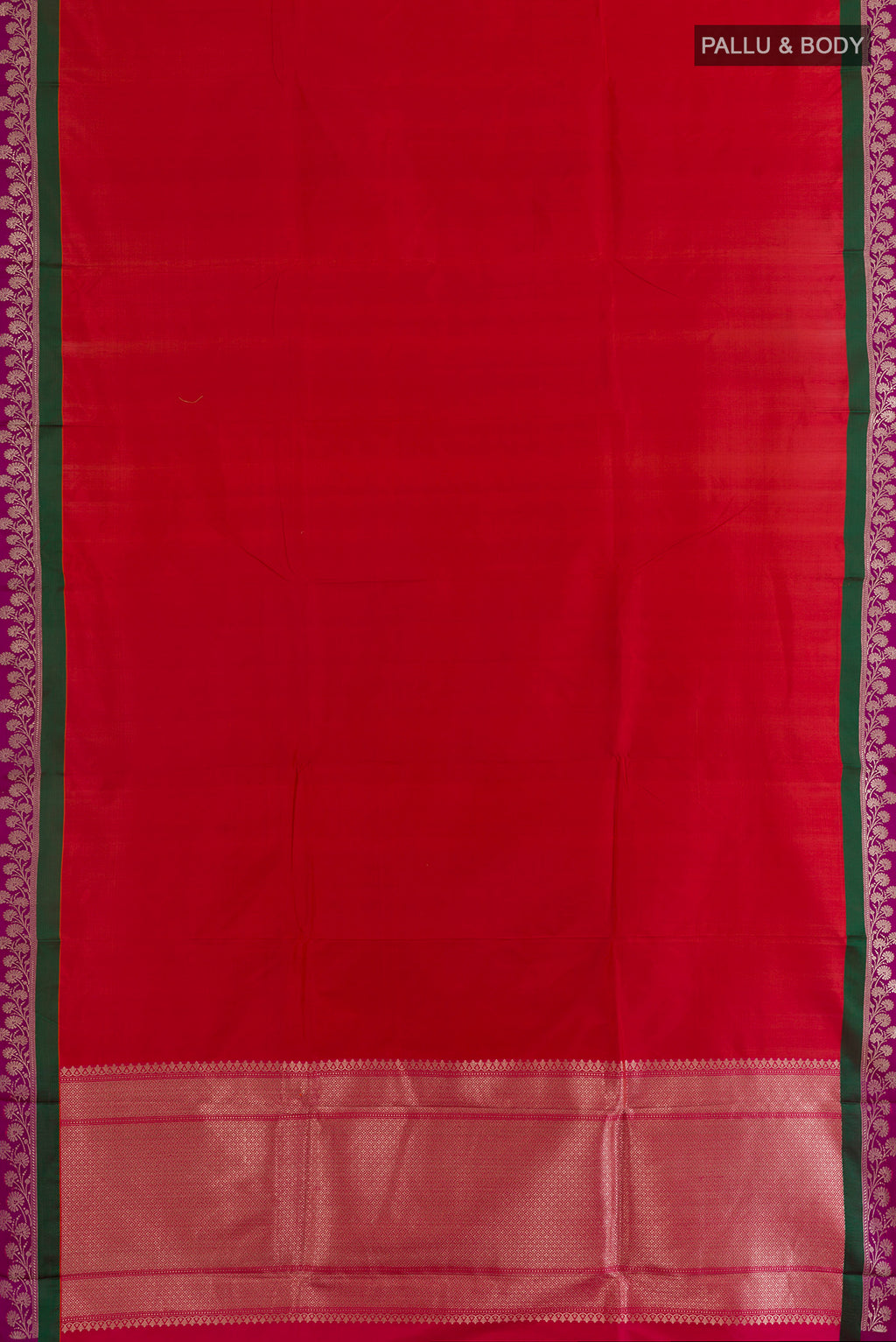 Flat view of Pure Silk Red Banarasi Katan Saree with Plain Body and Zari Border. 