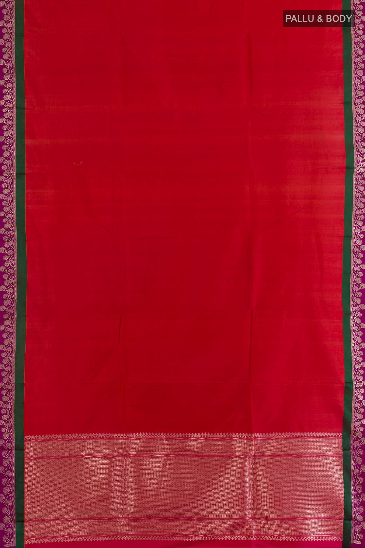 Flat view of Pure Silk Red Banarasi Katan Saree with Plain Body and Zari Border. 