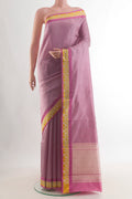Pure Silk Rose Gold Banarasi Katan Saree with Plain Body and Thread Border.  displayed on a mannequin