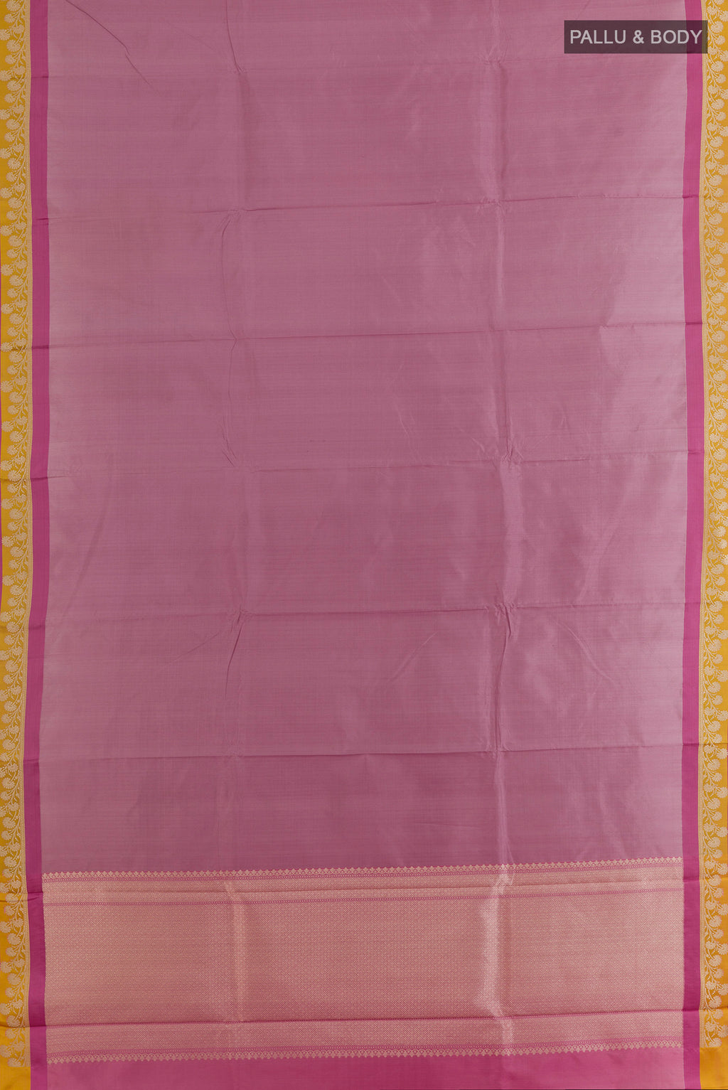 Flat view of Pure Silk Rose Gold Banarasi Katan Saree with Plain Body and Thread Border. 