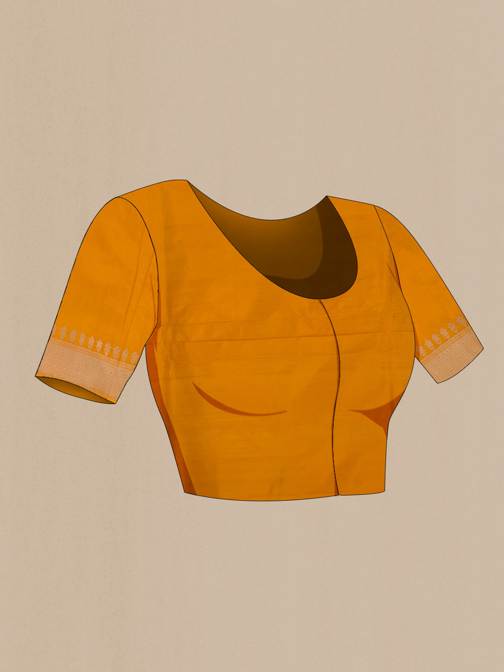Close up image of the blouse of Pure Silk Yellow Banarasi Saree with Zari Brocade on the body and Zari Border. 