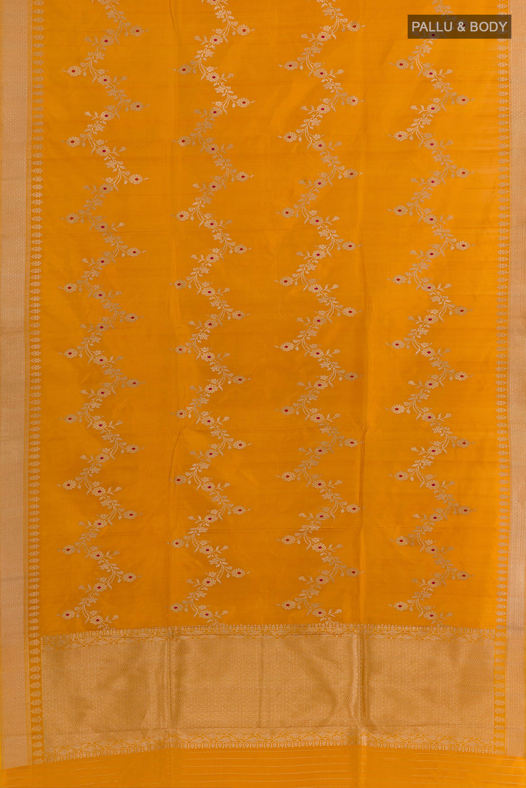 Flat view of Pure Silk Yellow Banarasi Saree with Zari Brocade on the body and Zari Border. 