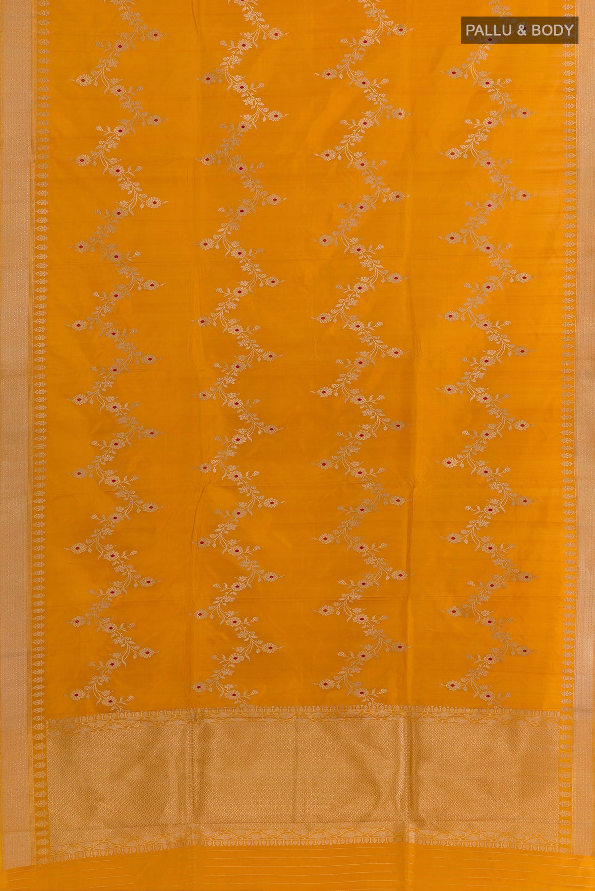 Flat view of Pure Silk Yellow Banarasi Saree with Zari Brocade on the body and Zari Border. 