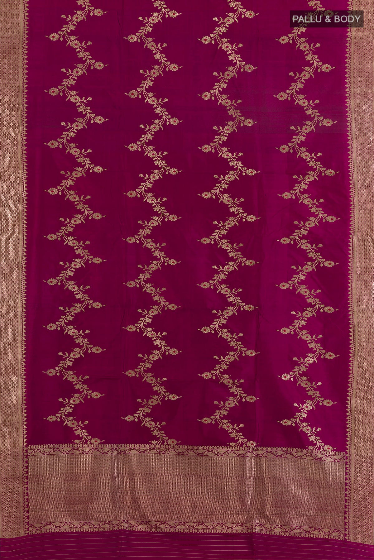 Flat view of Pure Silk Magenta Banarasi Saree with Zari Brocade on the body and Zari Border. 