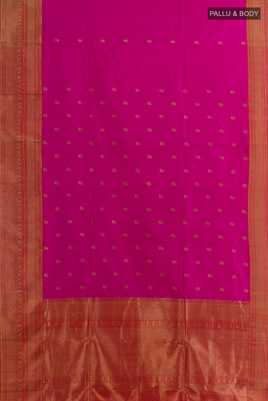 Flat view of Pure Silk Pink Banarasi Katan Saree with Zari Butta on the body and Zari Border. 
