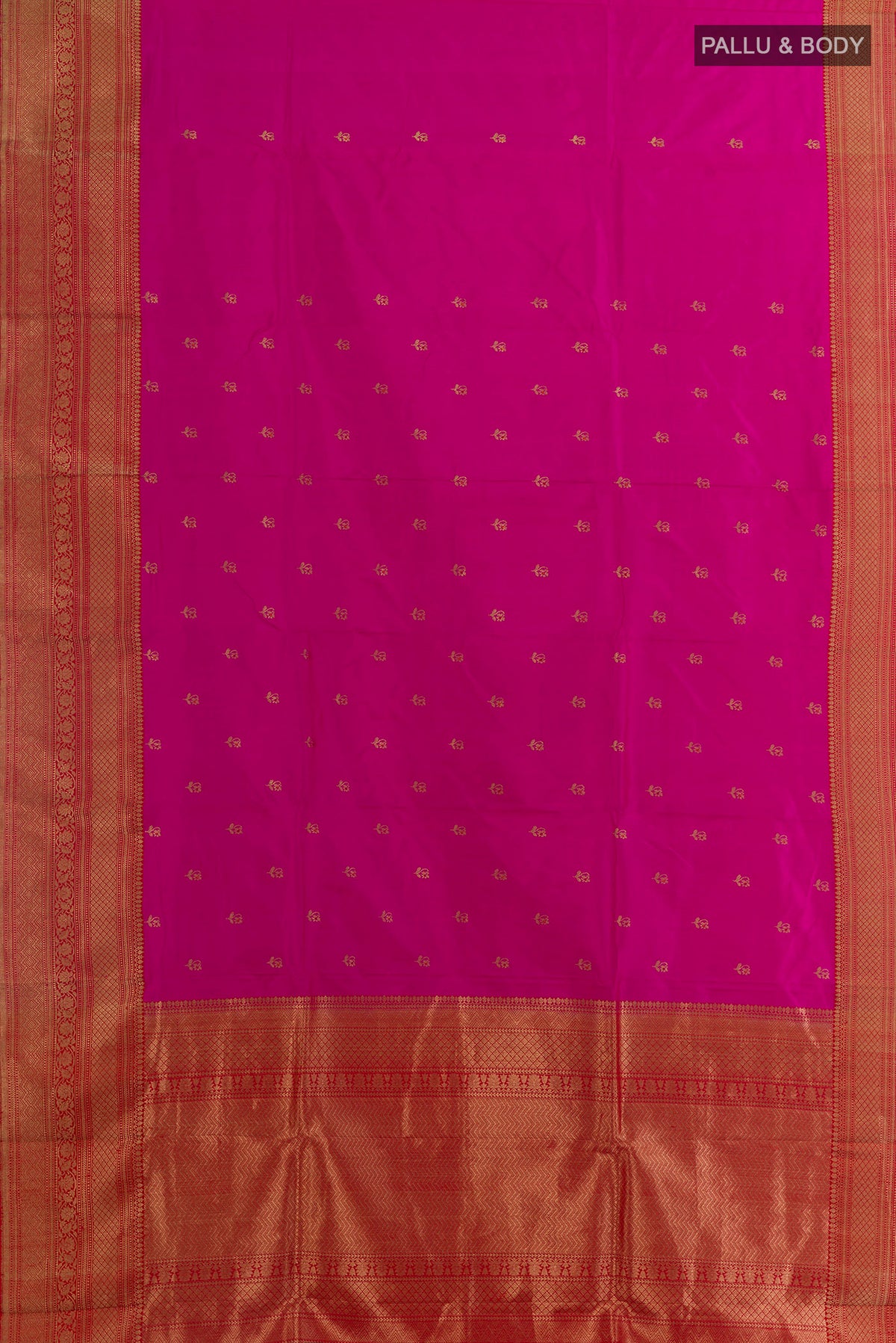 Flat view of Pure Silk Pink Banarasi Katan Saree with Zari Butta on the body and Zari Border. 