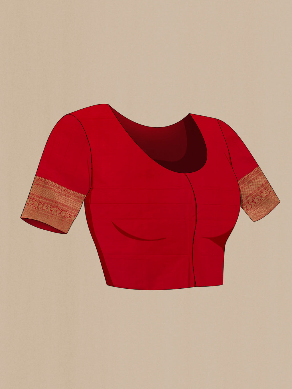 Close up image of the blouse of Pure Silk Orange Banarasi Katan Saree with Zari Butta on the body and Zari Border. 