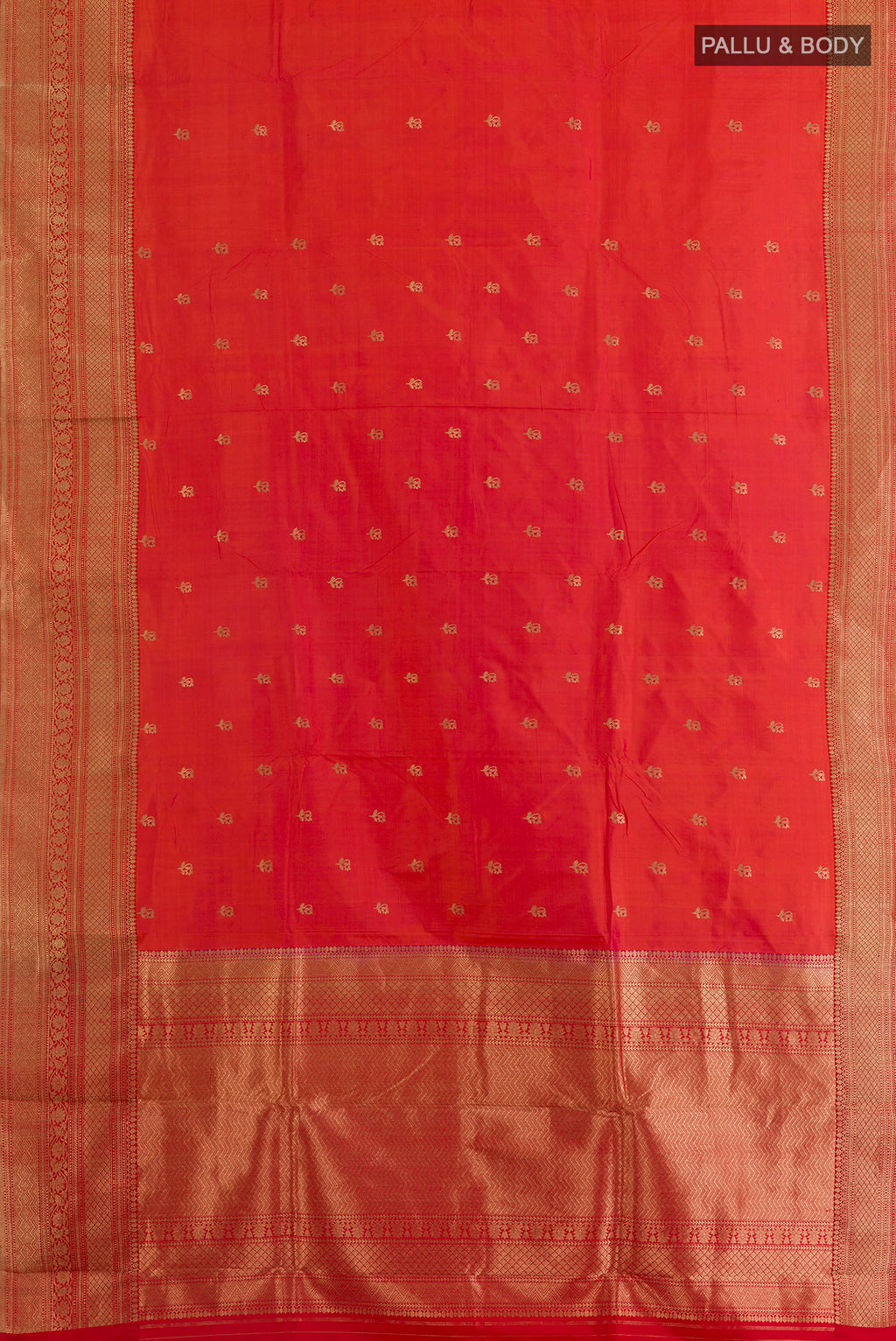 Flat view of Pure Silk Orange Banarasi Katan Saree with Zari Butta on the body and Zari Border. 