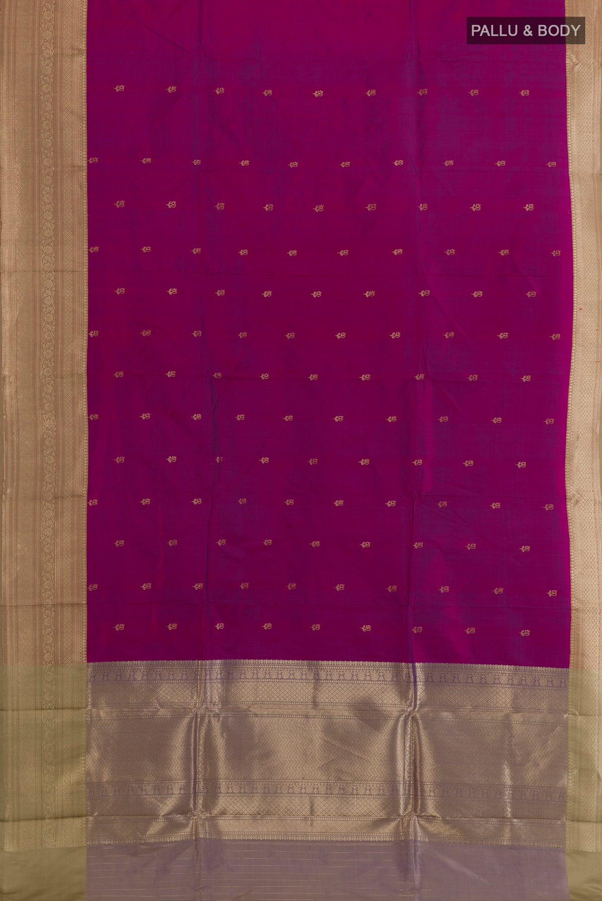 Flat view of Pure Silk Magenta Banarasi Katan Saree with Zari Butta on the body and Zari Border. 