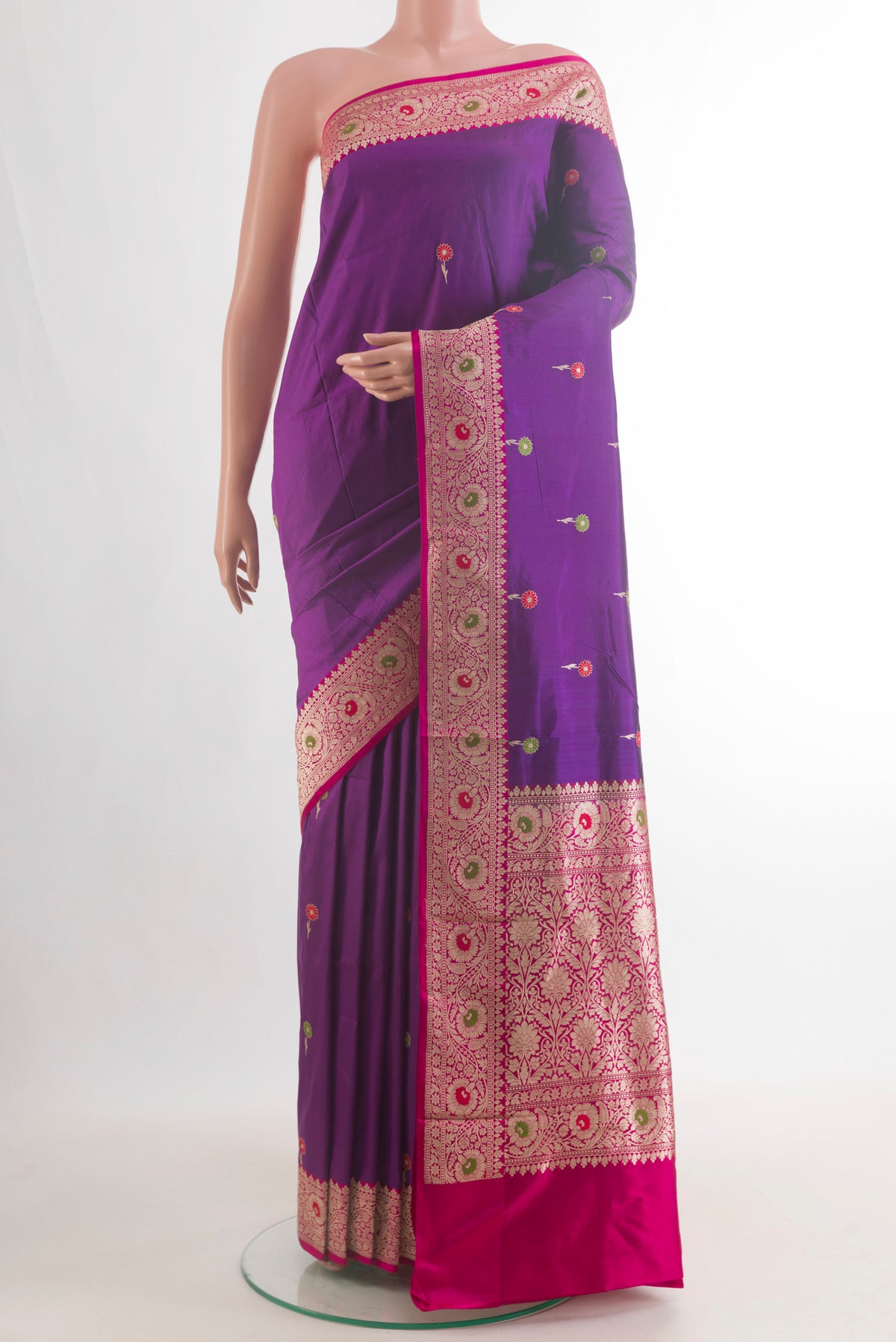Pure Silk Purple Banarasi Katan Saree with Zari Butta on the body and Zari Border.  displayed on a mannequin