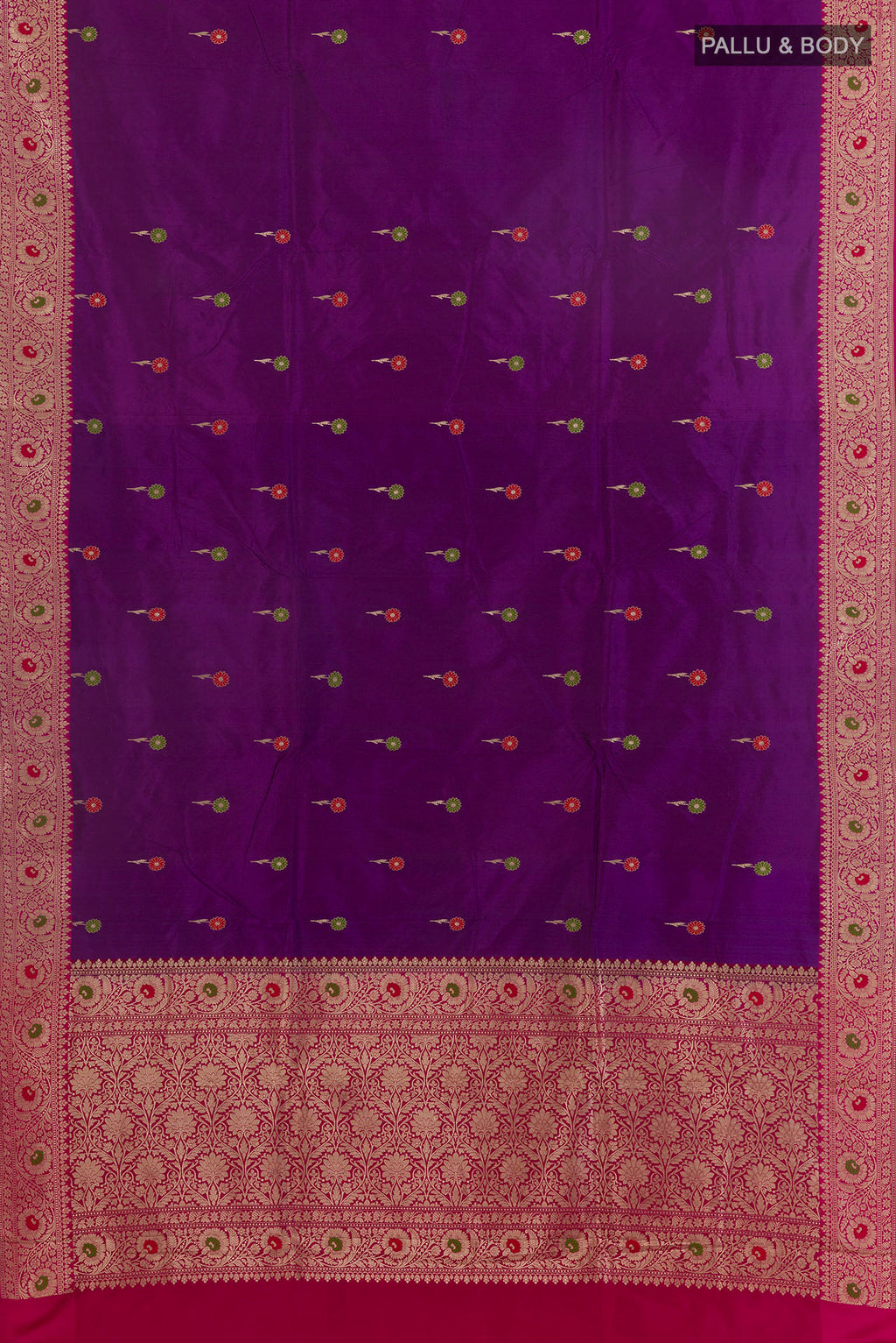 Flat view of Pure Silk Purple Banarasi Katan Saree with Zari Butta on the body and Zari Border. 