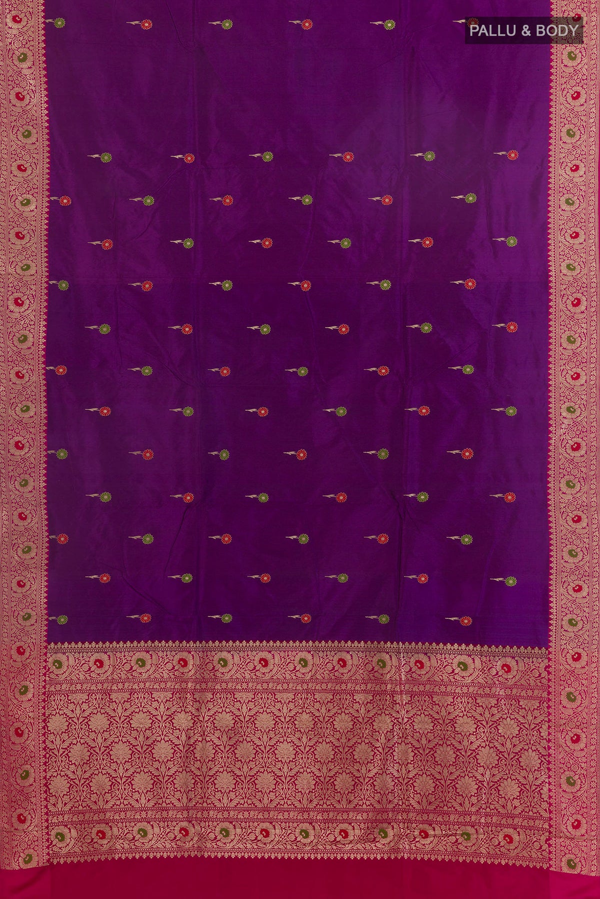 Flat view of Pure Silk Purple Banarasi Katan Saree with Zari Butta on the body and Zari Border. 