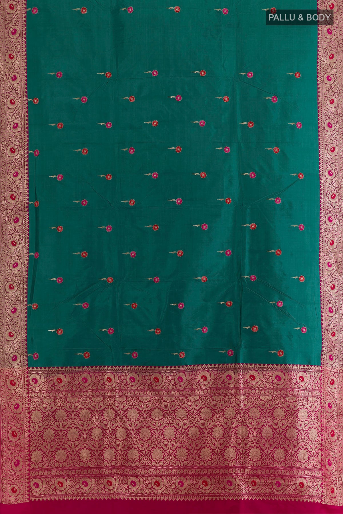 Flat view of Pure Silk Green Banarasi Katan Saree with Zari And Thread Butta on the body and Zari Border. 