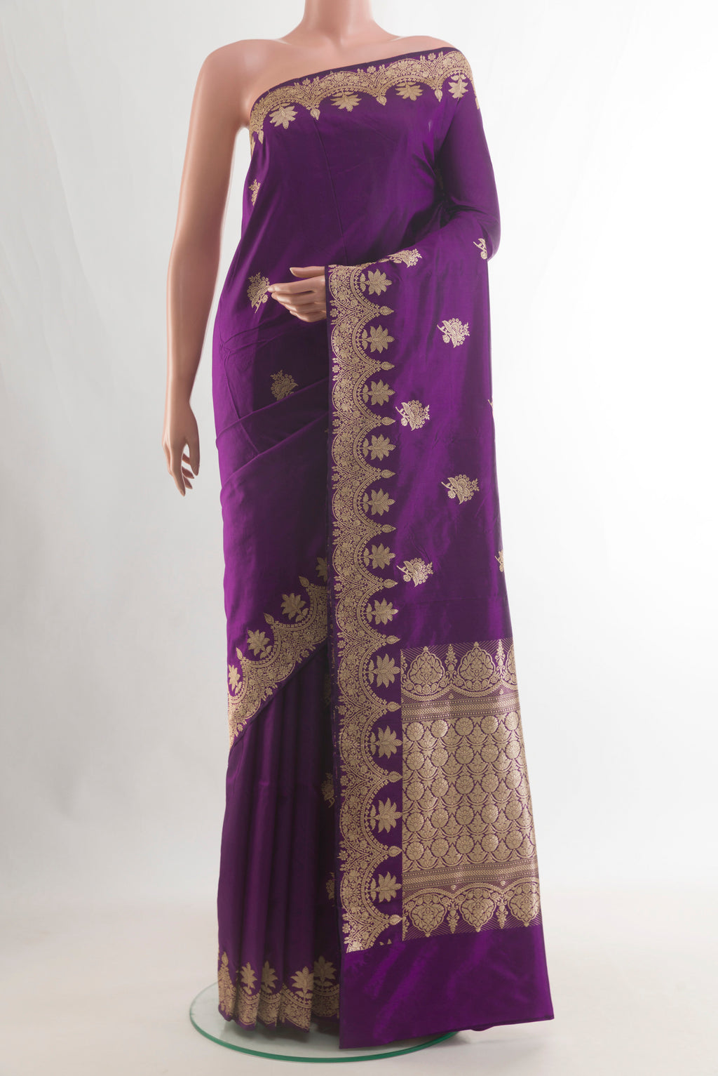 Pure Silk Purple Banarasi Katan Saree with Zari Butta on the body and Zari Border.  displayed on a mannequin