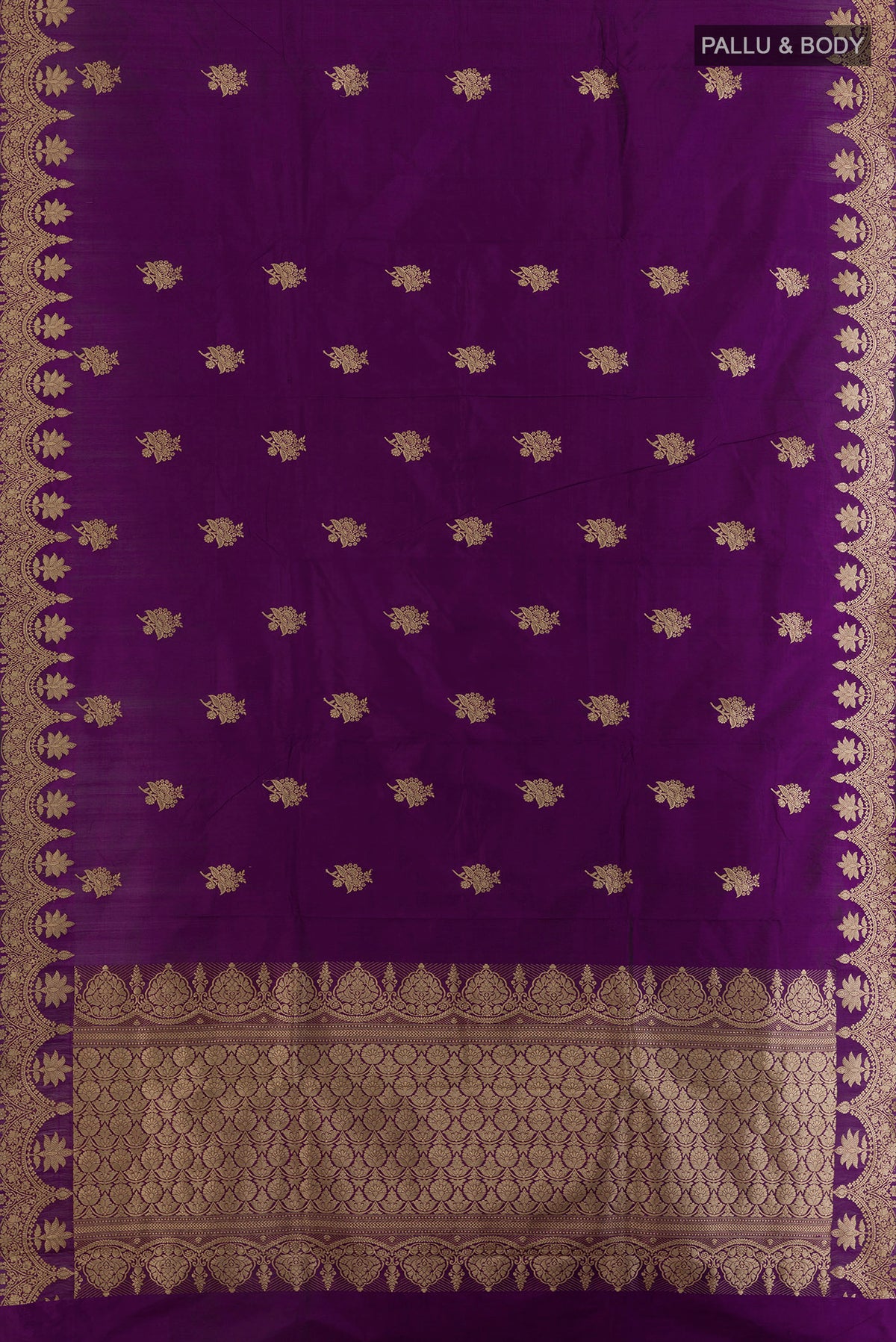 Flat view of Pure Silk Purple Banarasi Katan Saree with Zari Butta on the body and Zari Border. 