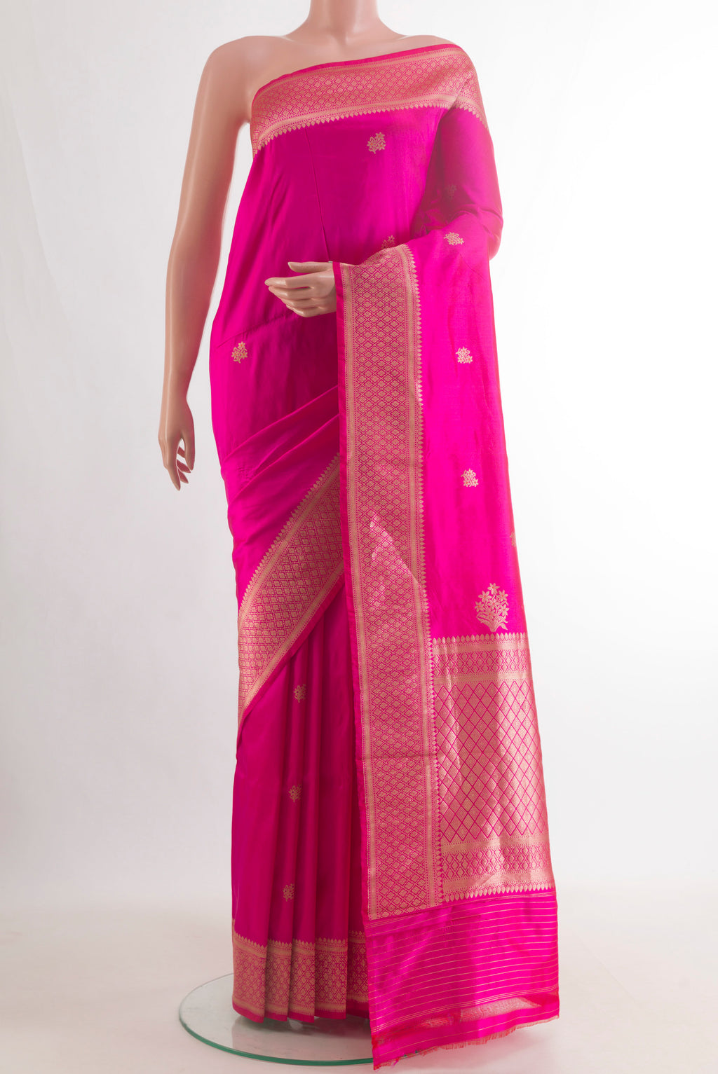 Pure Silk Pink Banarasi Katan Saree with Zari Butta on the body and Zari Border.  displayed on a mannequin
