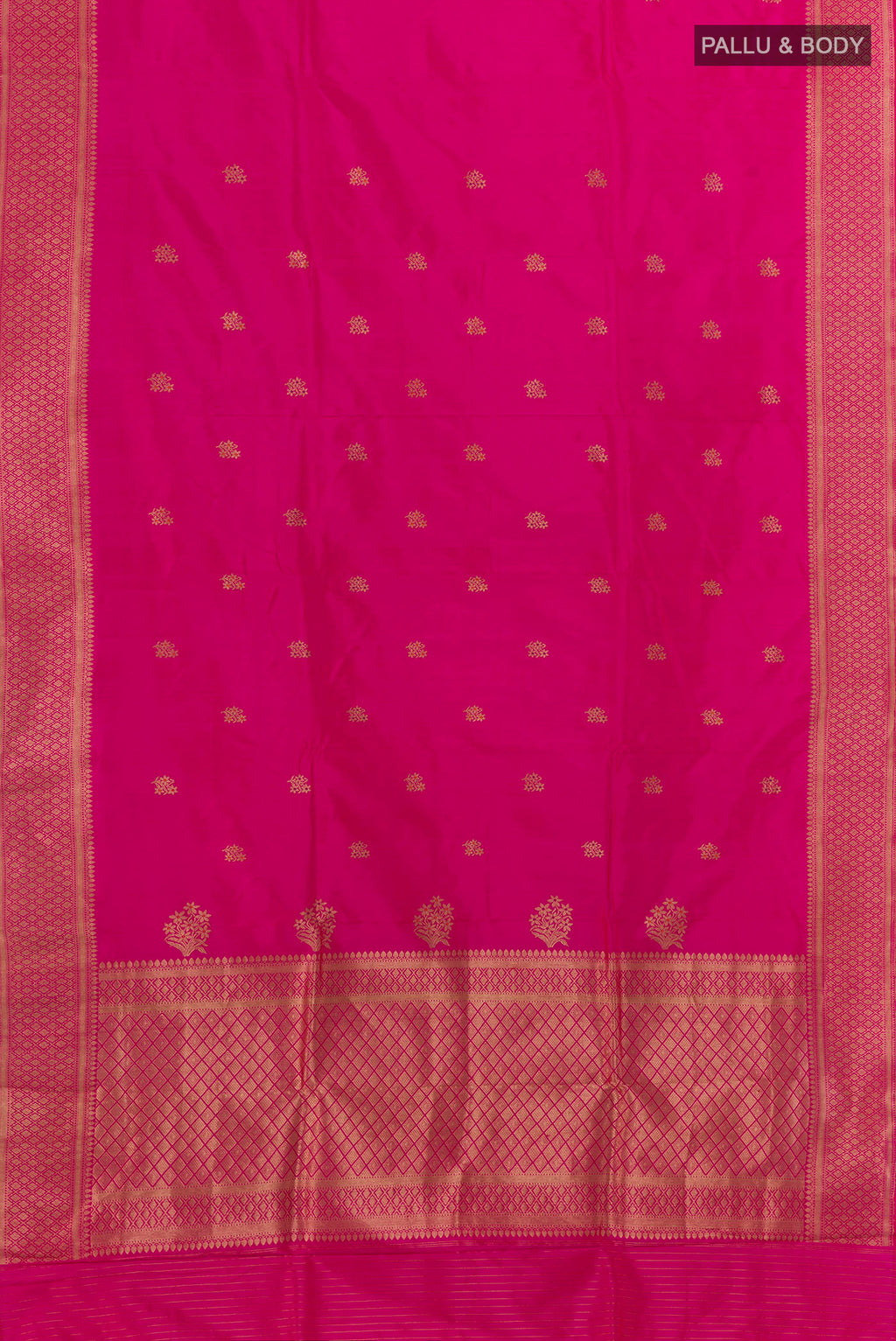 Flat view of Pure Silk Pink Banarasi Katan Saree with Zari Butta on the body and Zari Border. 