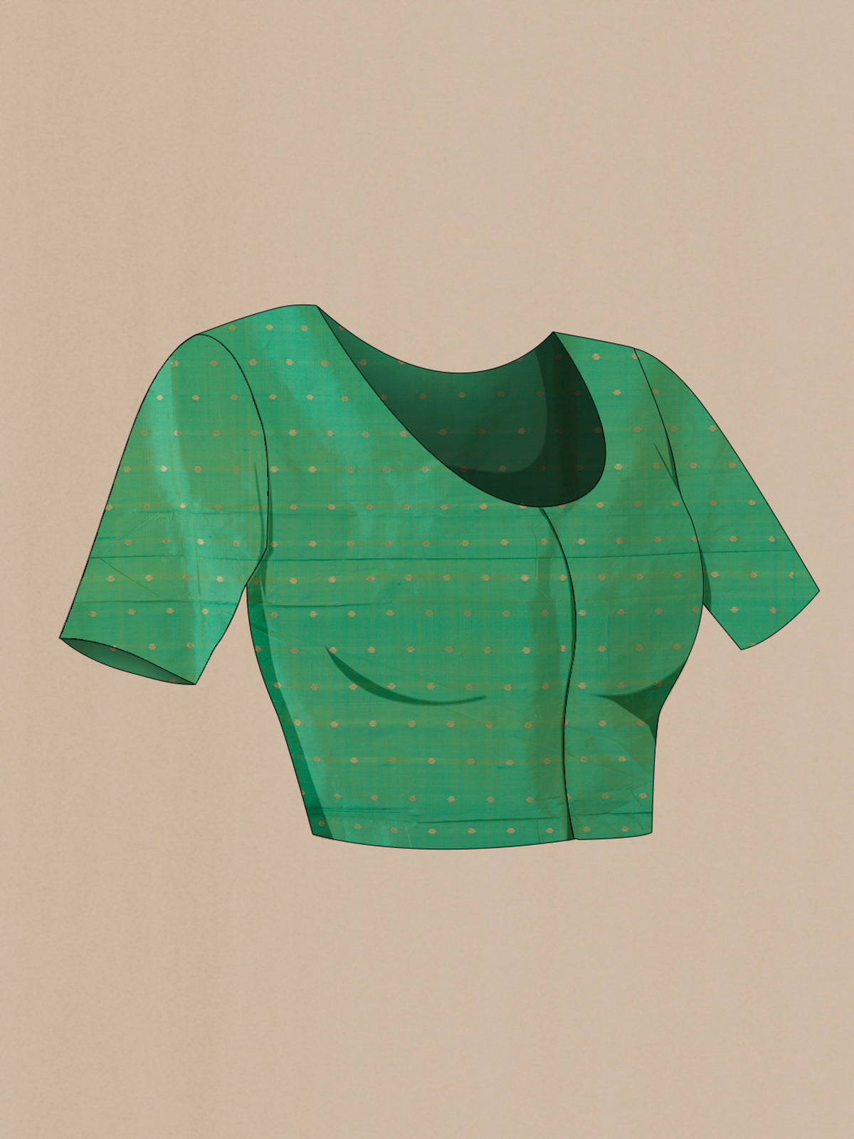 Close up image of the blouse of Pure Silk Green Banarasi Saree with Zari Butta on the body and Zari Border. 