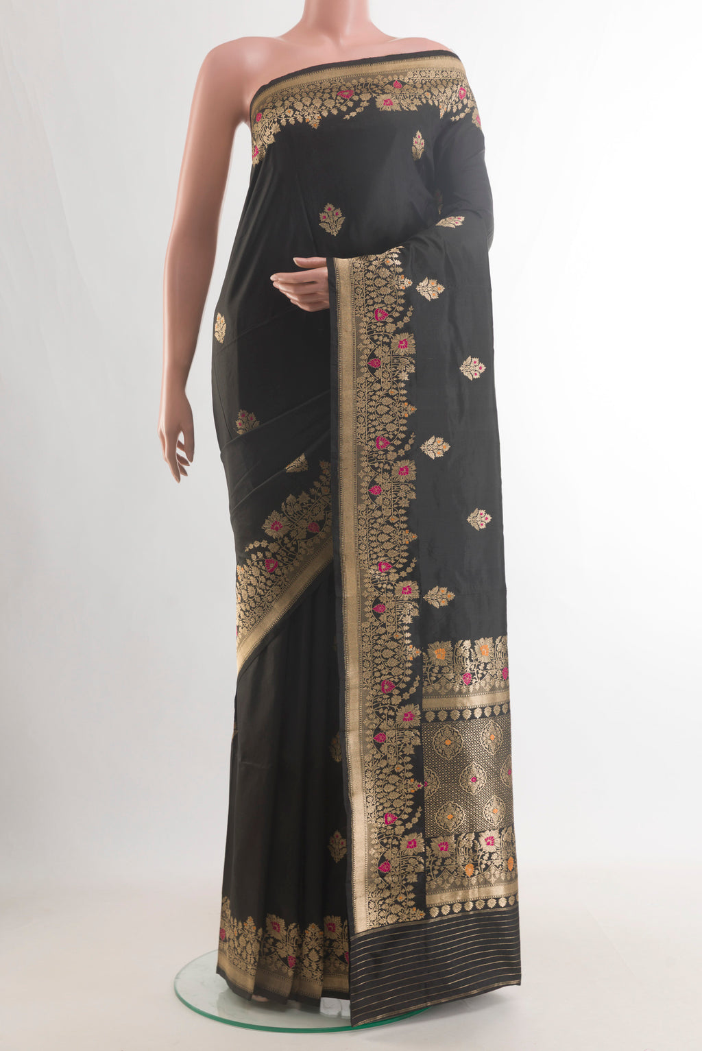 Pure Silk Black Banarasi Katan Saree with Zari Butta on the body and Zari Border.  displayed on a mannequin
