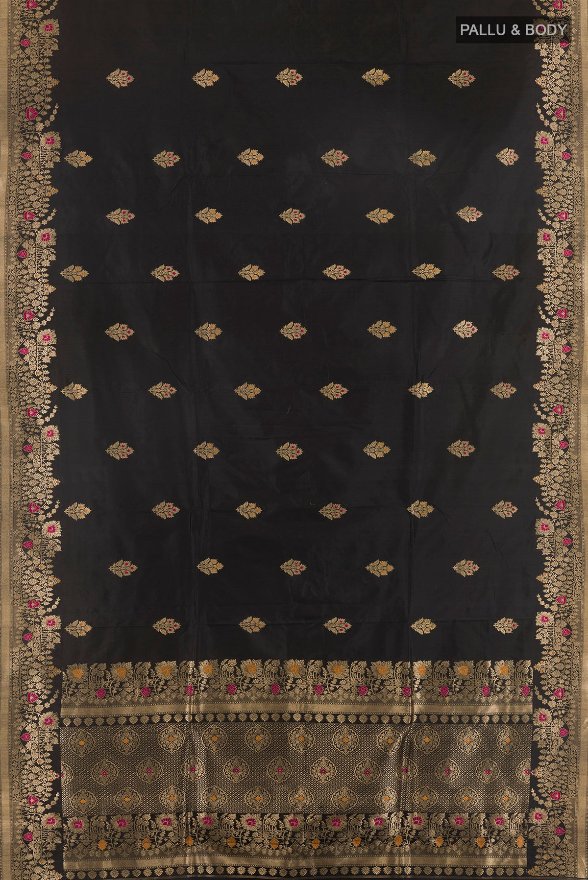 Flat view of Pure Silk Black Banarasi Katan Saree with Zari Butta on the body and Zari Border. 