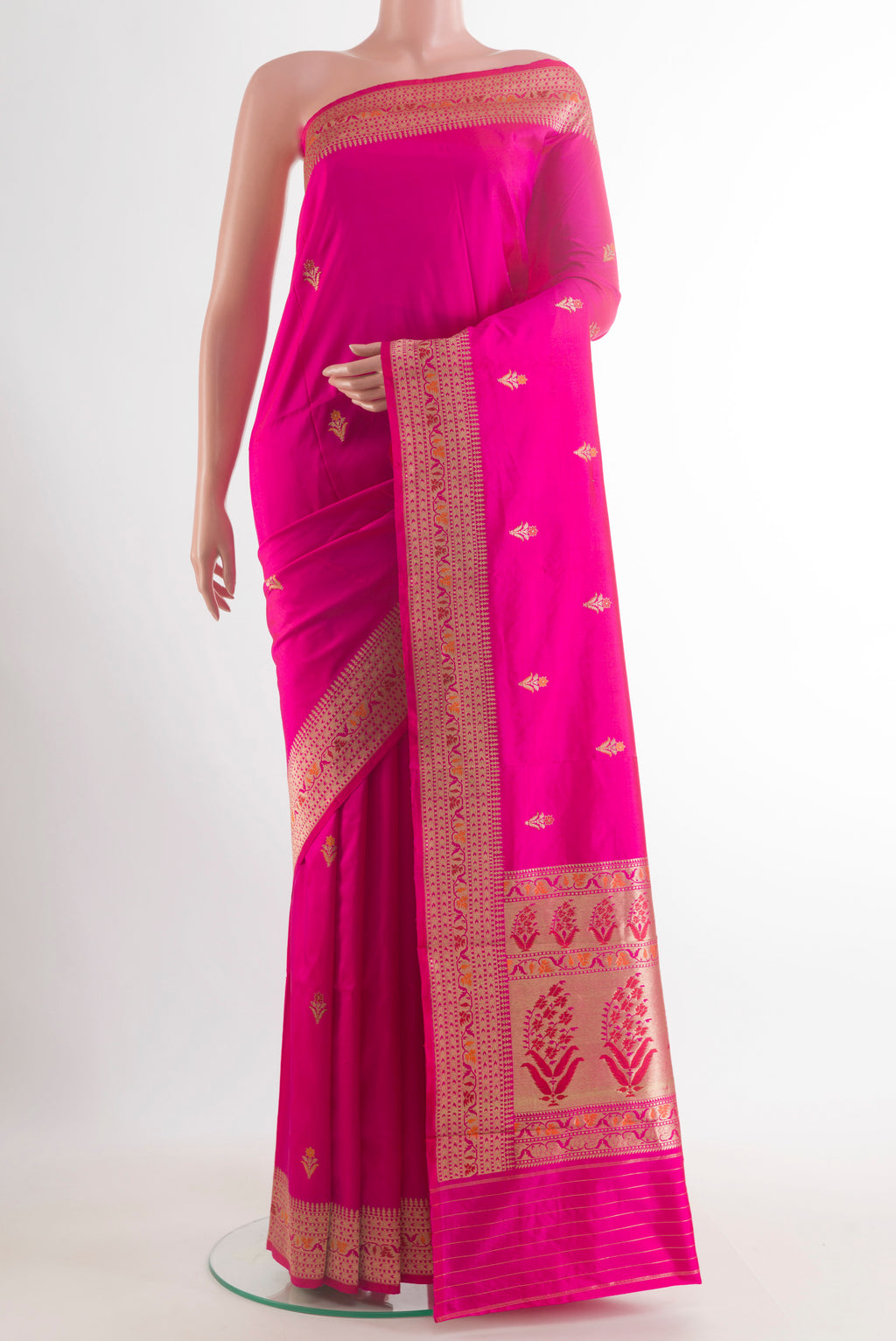 Pure Silk Pink Banarasi Katan Saree with Zari Butta on the body and Zari Border.  displayed on a mannequin