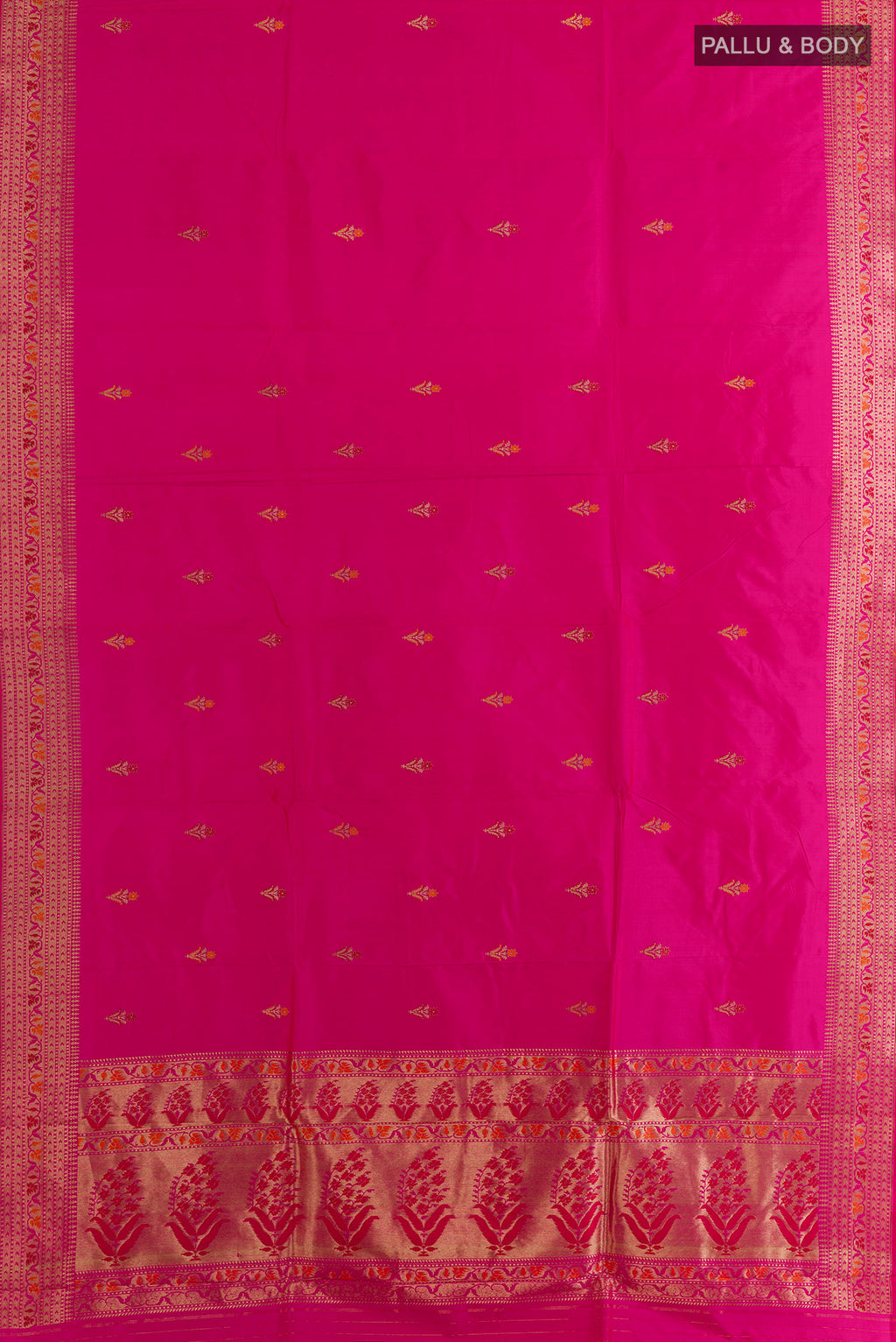 Flat view of Pure Silk Pink Banarasi Katan Saree with Zari Butta on the body and Zari Border. 