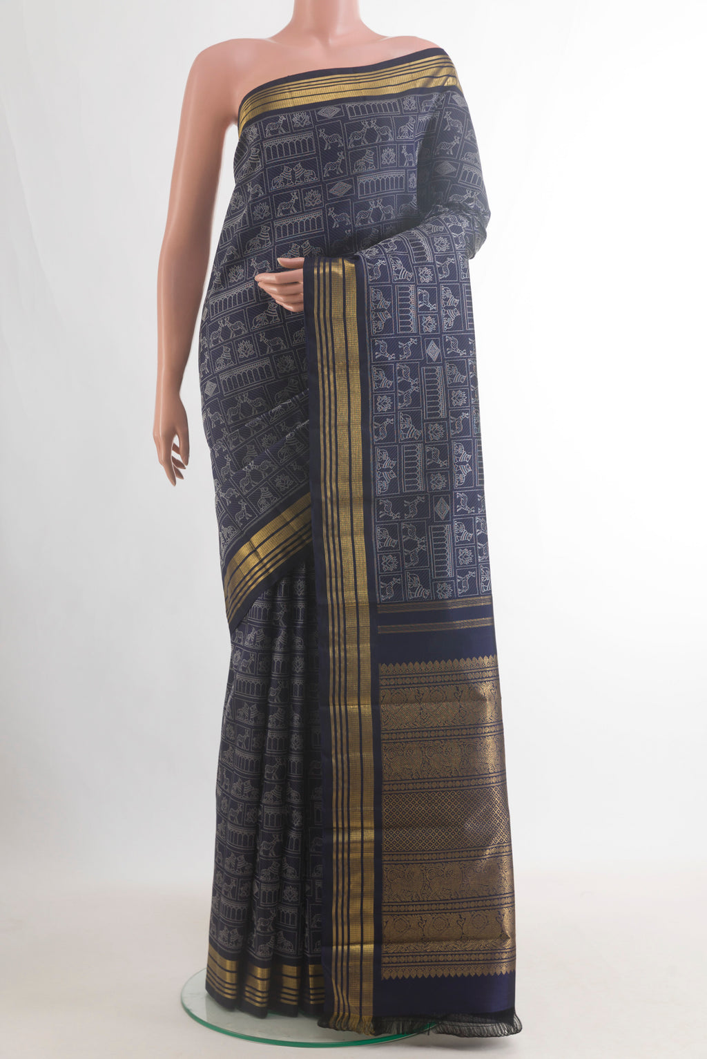 Pure Silk Pure Zari Navy Blue Kanchipuram Saree with Jacquard design on the body and Zari Border.  displayed on a mannequin