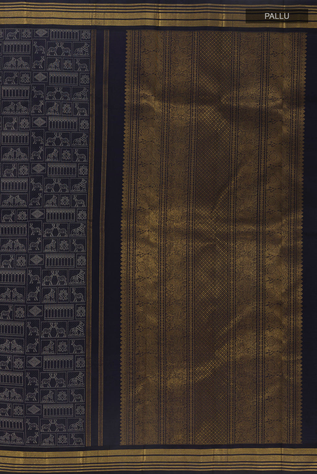 Close up image of the pallu of Pure Silk Pure Zari Navy Blue Kanchipuram Saree with Jacquard design on the body and Zari Border. 