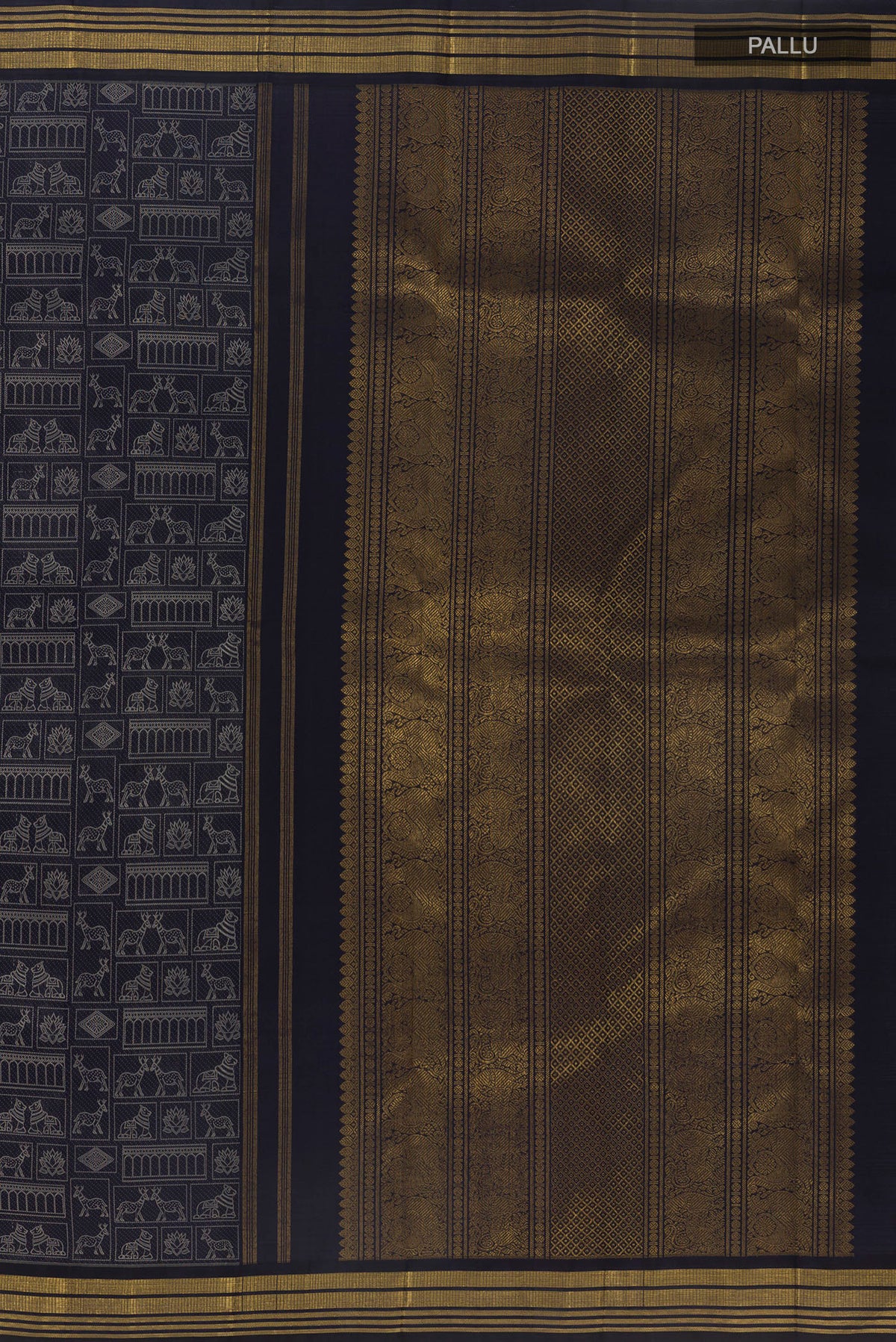 Close up image of the pallu of Pure Silk Pure Zari Navy Blue Kanchipuram Saree with Jacquard design on the body and Zari Border. 