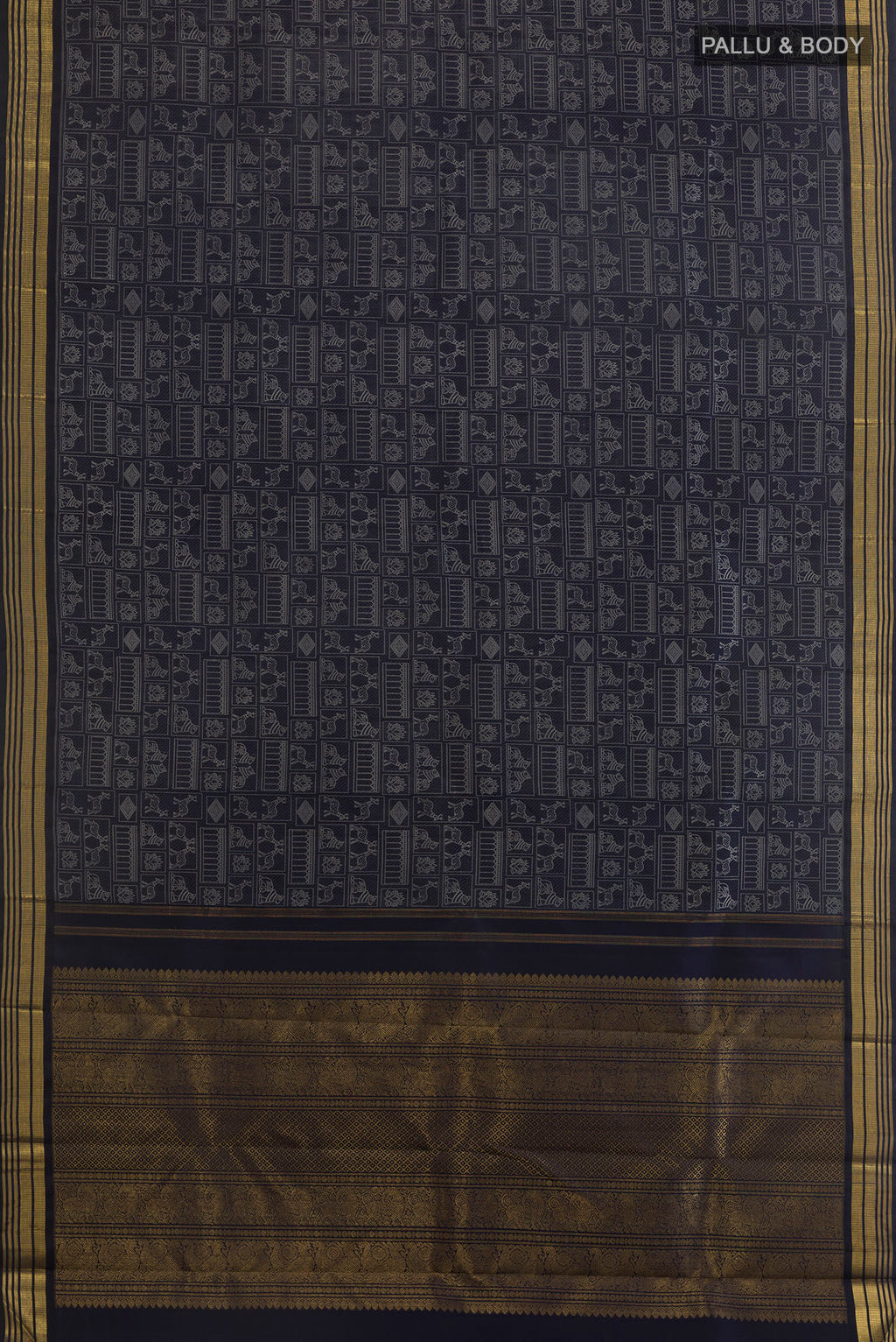 Flat view of Pure Silk Pure Zari Navy Blue Kanchipuram Saree with Jacquard design on the body and Zari Border. 