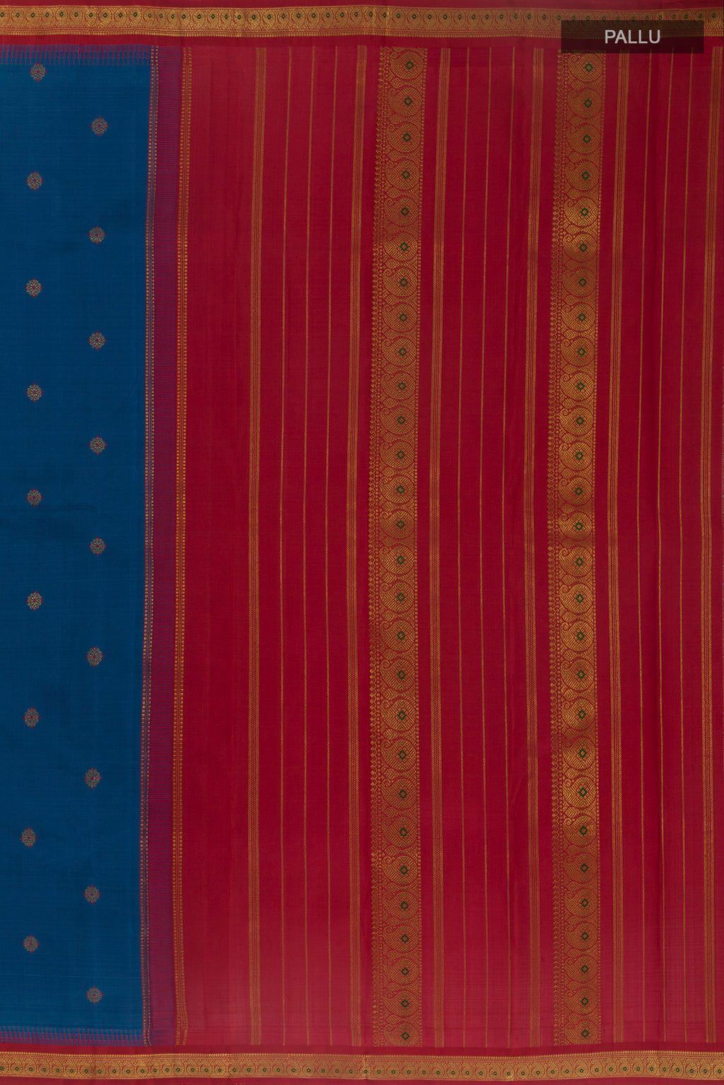 Close up image of the pallu of Pure Silk Pure Zari Blue Kanjivaram Saree with Zari Butta on the body and Zari Border. 